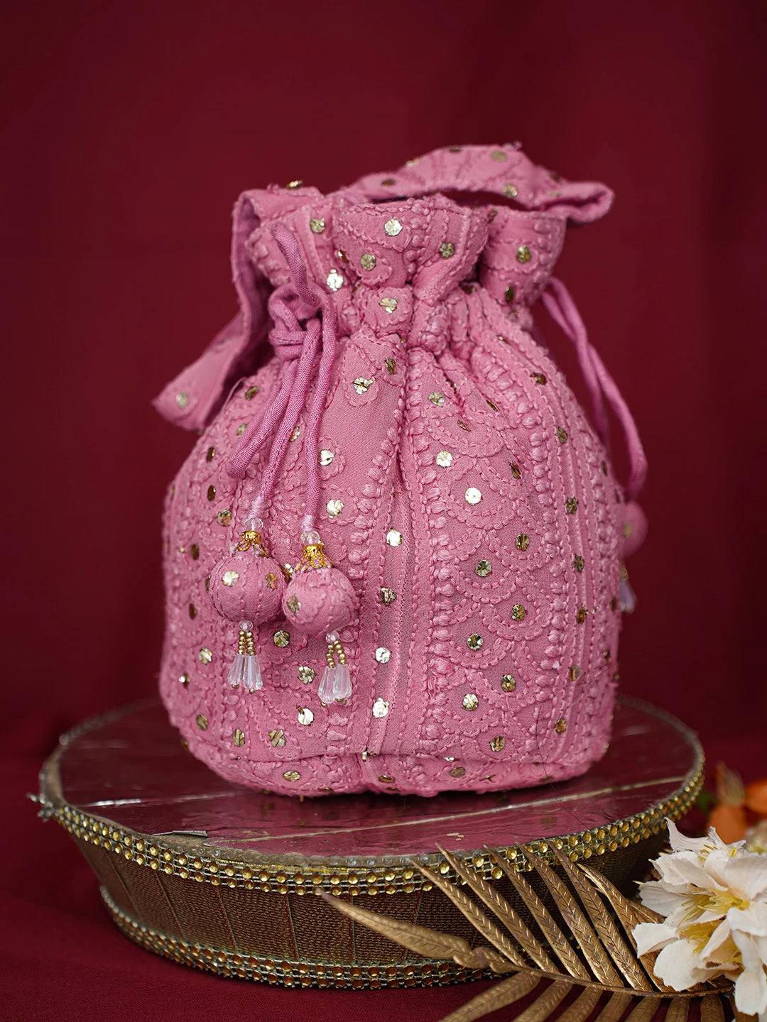 Ada Hand Embroidered Rose Vale Pink Viscose Georgette Lucknowi Chikankari Potli Bag With Muqaish Work 01A691361
