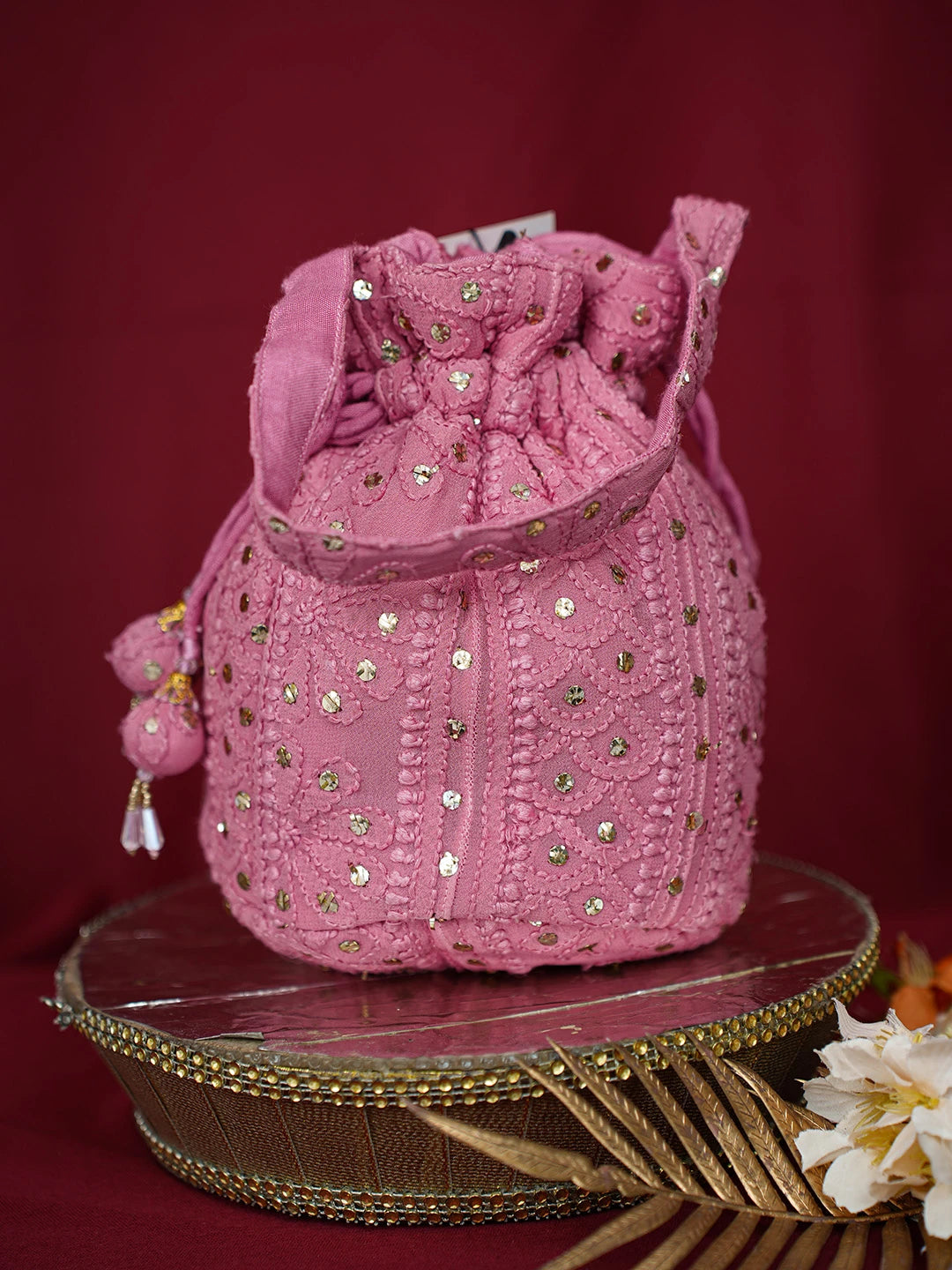 Ada Hand Embroidered Rose Vale Pink Viscose Georgette Lucknowi Chikankari Potli Bag With Muqaish Work 01A691361