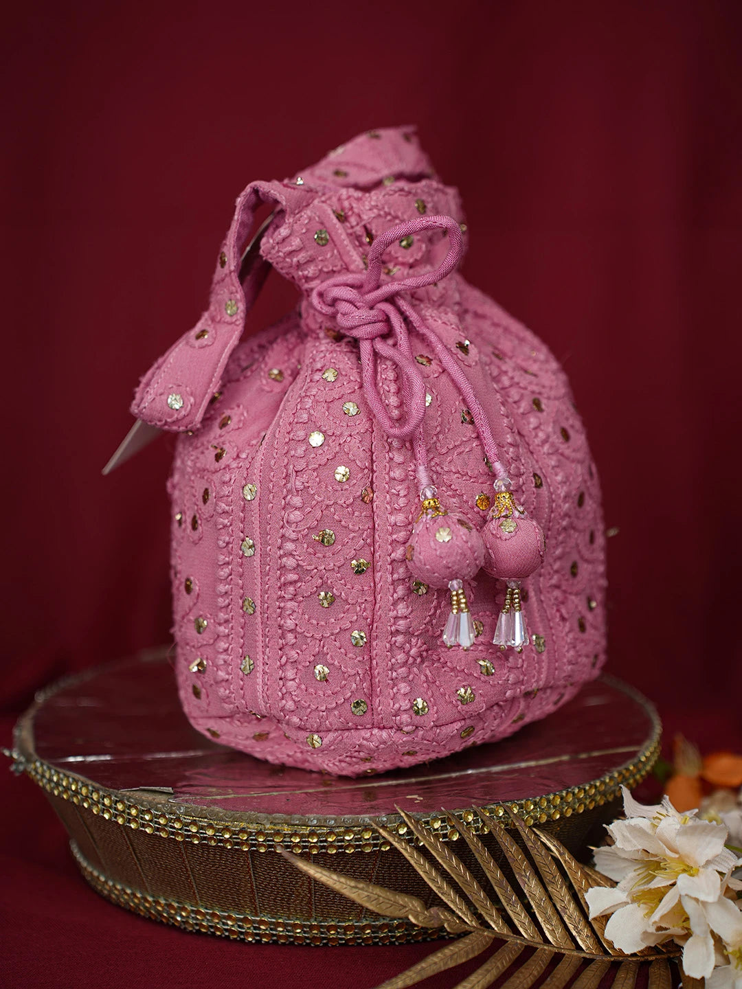 Ada Hand Embroidered Rose Vale Pink Viscose Georgette Lucknowi Chikankari Potli Bag With Muqaish Work 01A691361
