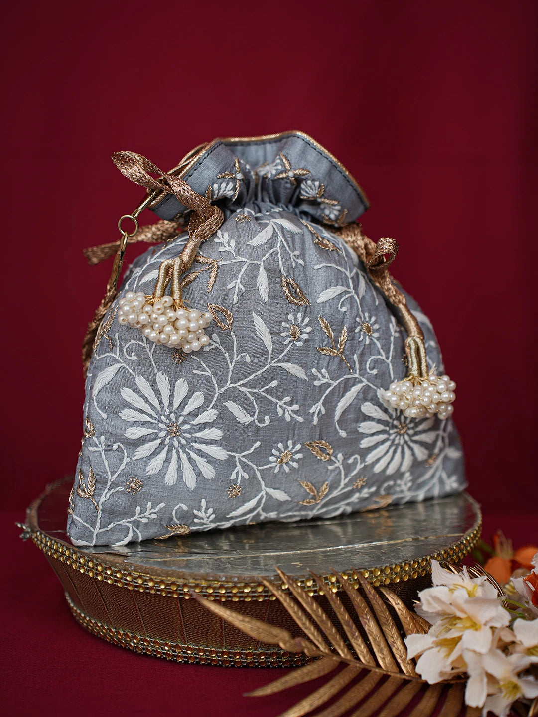 Ada Hand Embroidered Grey Silk Lucknowi Chikankari Potli Bag With Zari Work 01A696504