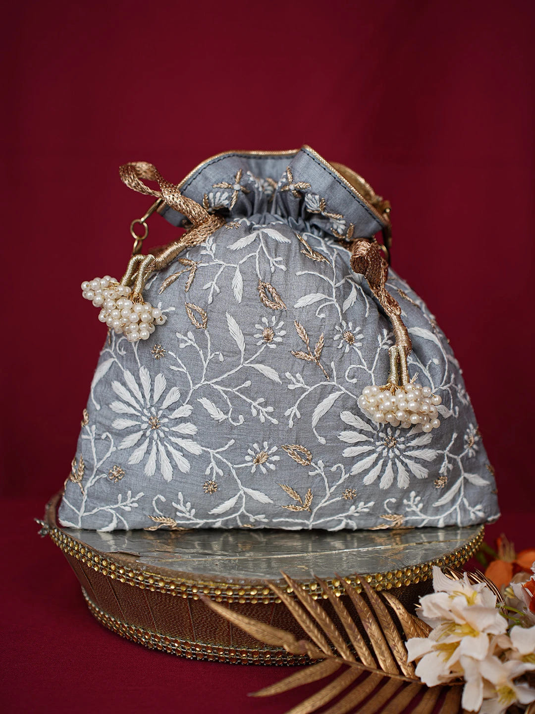 Ada Hand Embroidered Grey Silk Lucknowi Chikankari Potli Bag With Zari Work 01A696504
