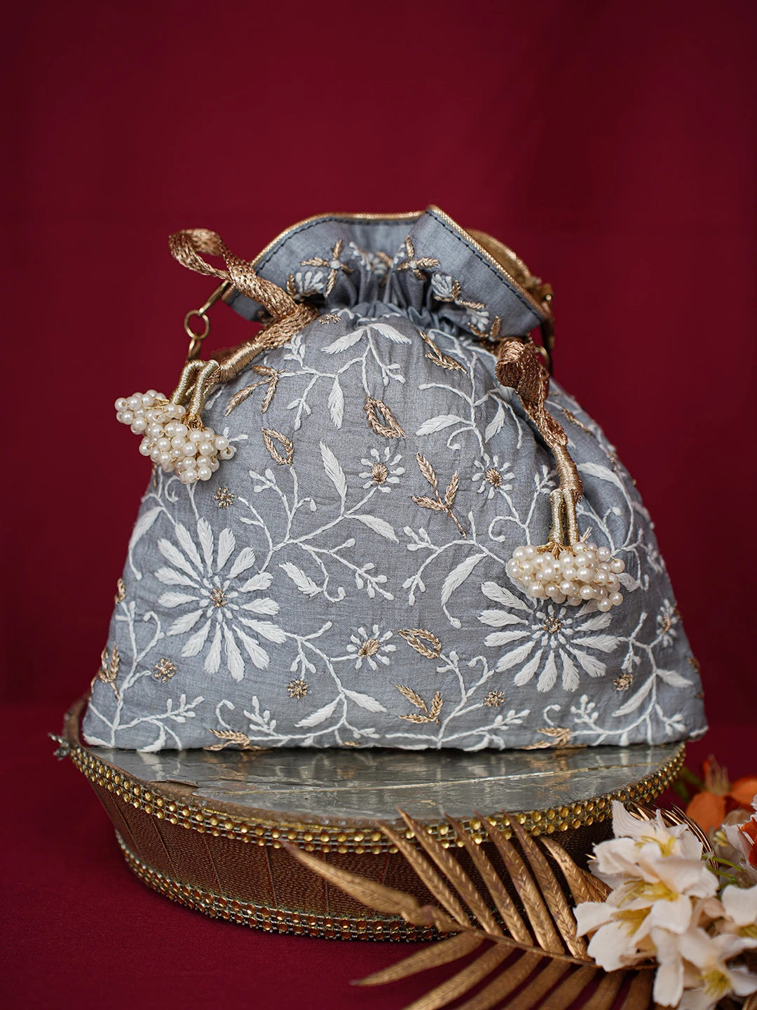 Ada Hand Embroidered Grey Silk Lucknowi Chikankari Potli Bag With Zari Work 01A696504