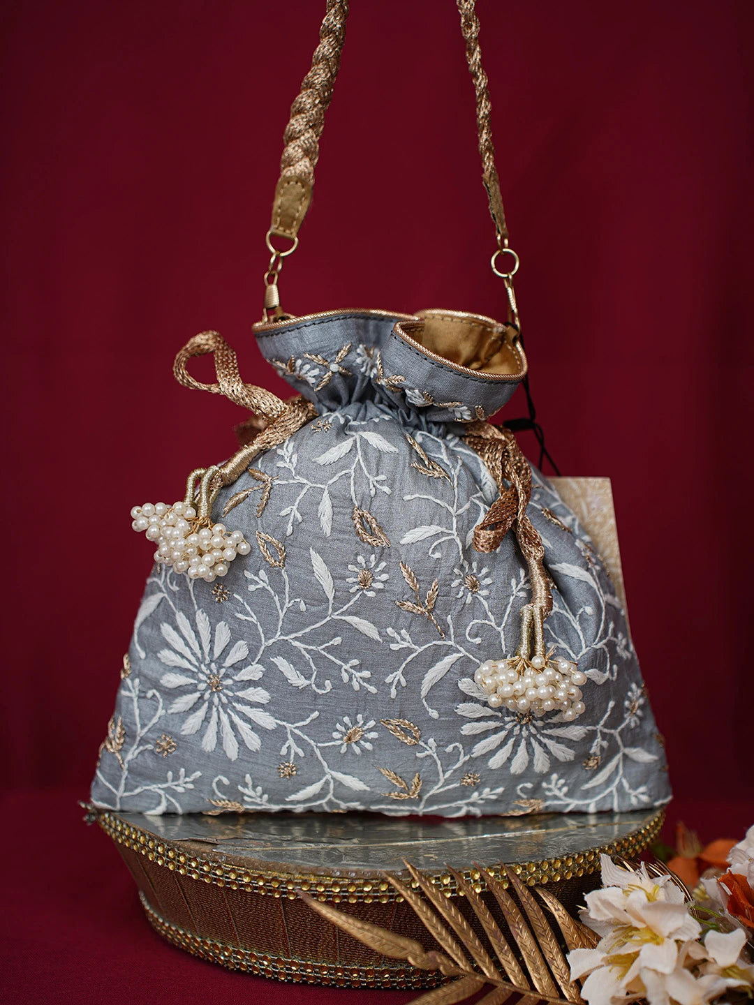 Ada Hand Embroidered Grey Silk Lucknowi Chikankari Potli Bag With Zari Work 01A696504