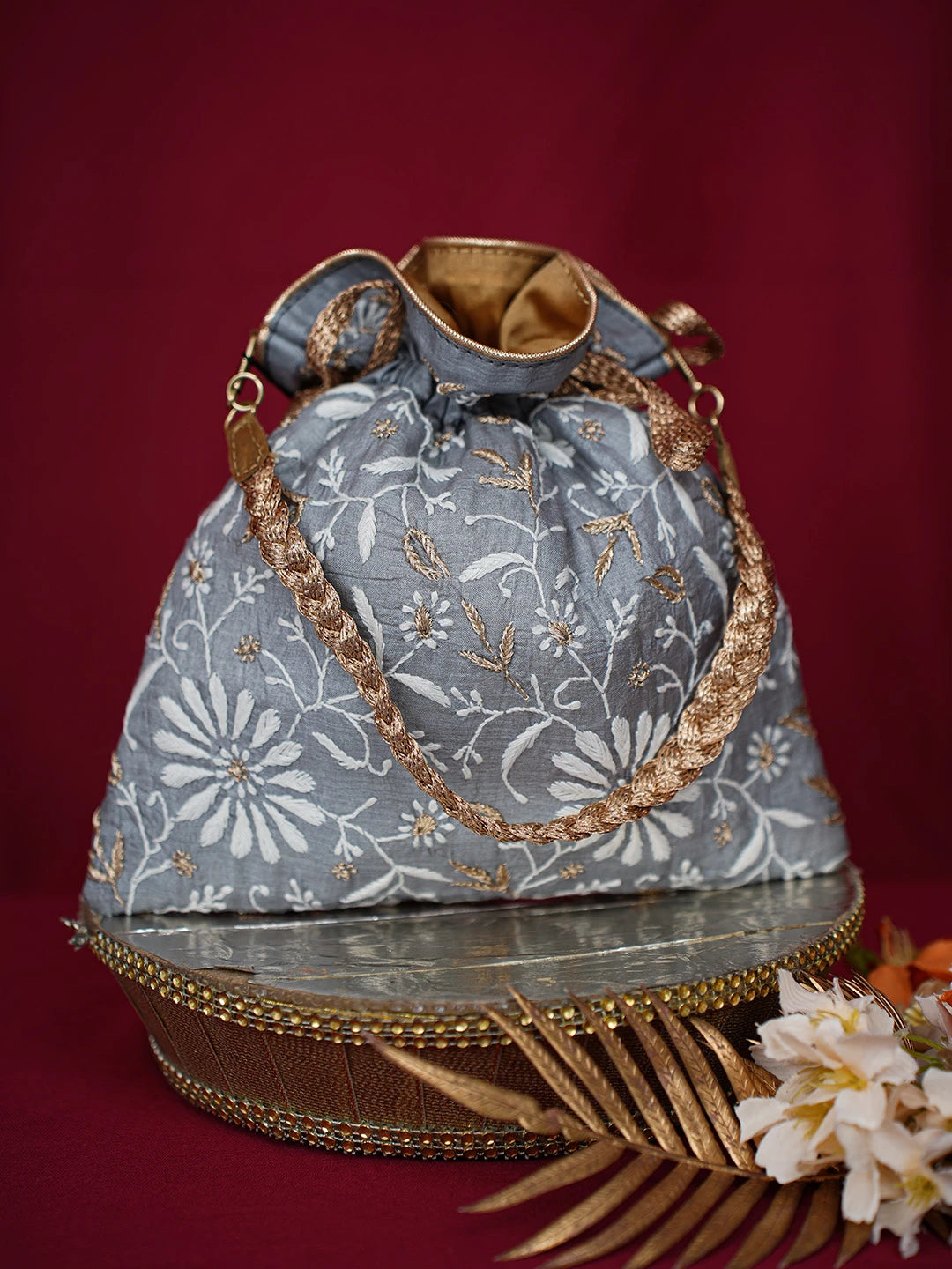 Ada Hand Embroidered Grey Silk Lucknowi Chikankari Potli Bag With Zari Work 01A696504