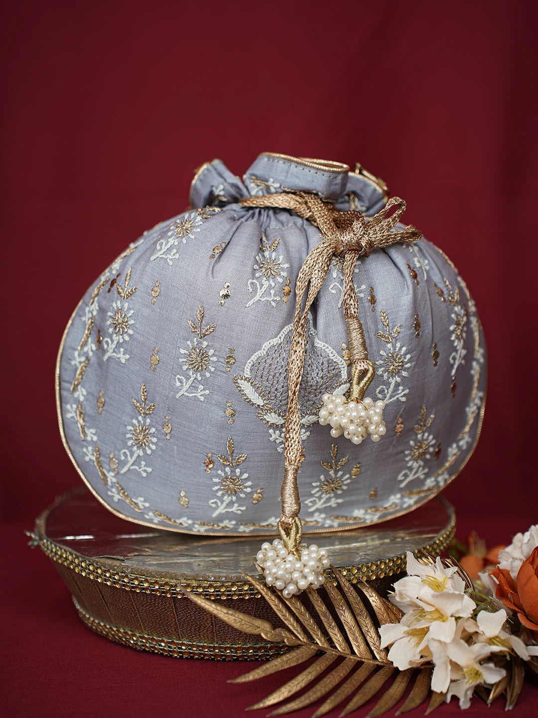 Ada Hand Embroidered Grey Silk Lucknowi Chikankari Potli Bag With Muqaish Work 01A680725