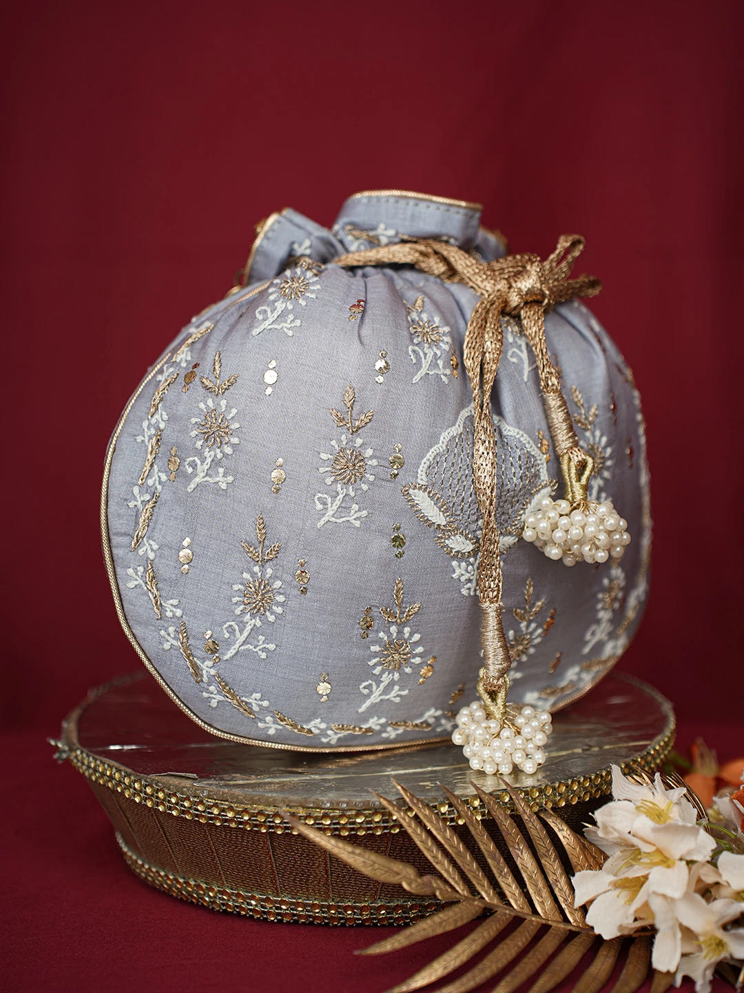 Ada Hand Embroidered Grey Silk Lucknowi Chikankari Potli Bag With Muqaish Work 01A680725