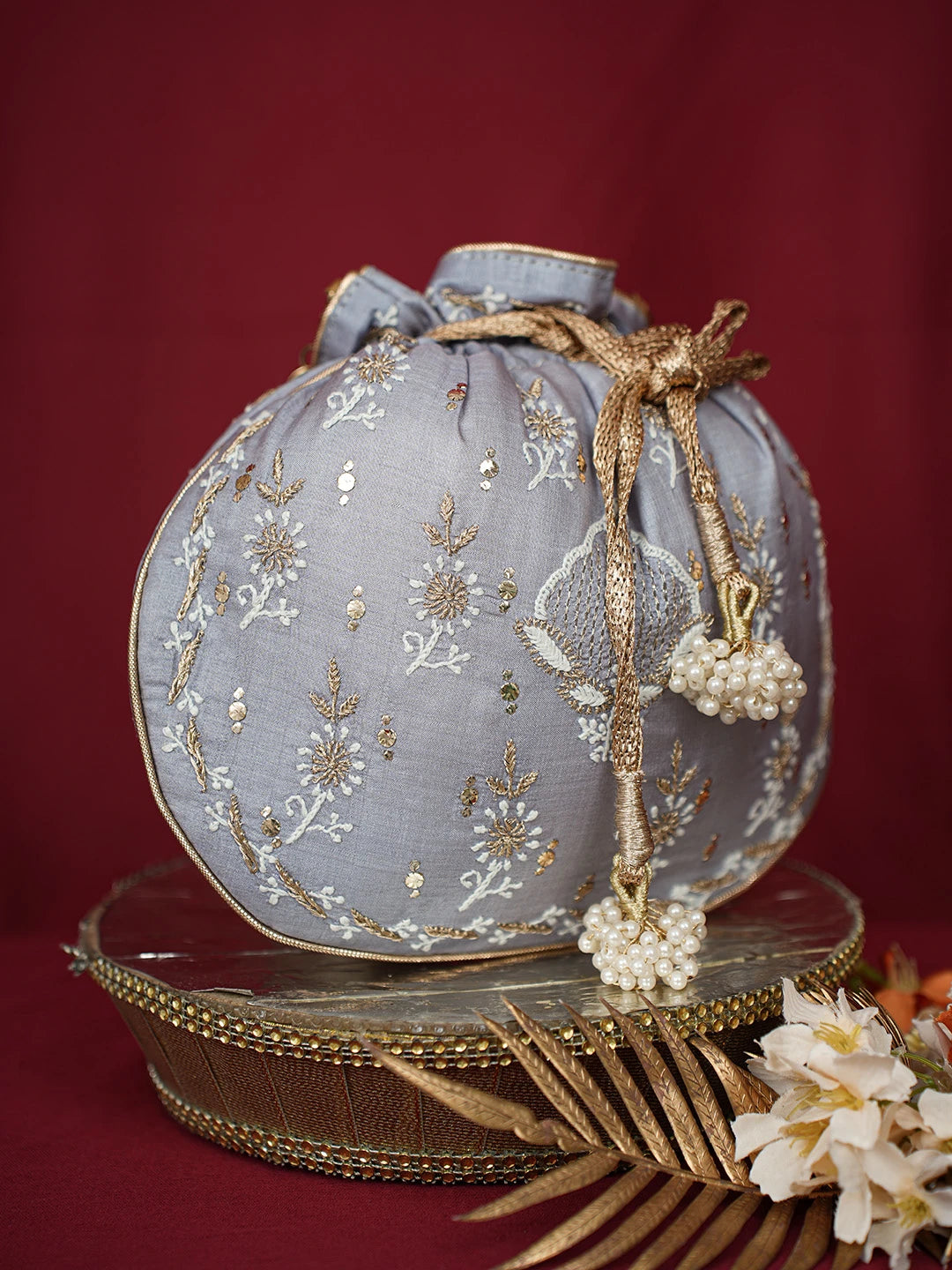 Ada Hand Embroidered Grey Silk Lucknowi Chikankari Potli Bag With Muqaish Work 01A680725