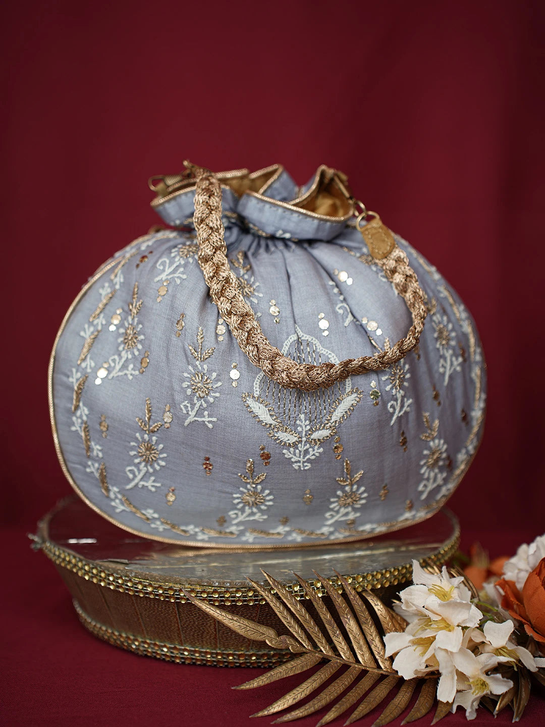 Ada Hand Embroidered Grey Silk Lucknowi Chikankari Potli Bag With Muqaish Work 01A680725