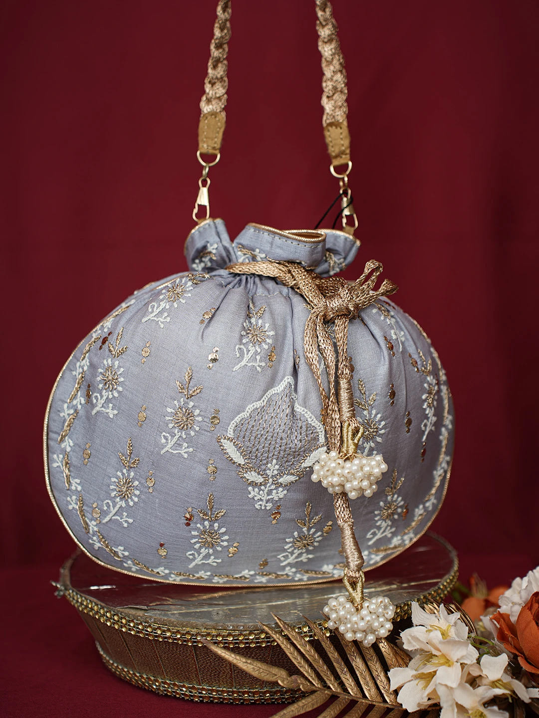 Ada Hand Embroidered Grey Silk Lucknowi Chikankari Potli Bag With Muqaish Work 01A680725
