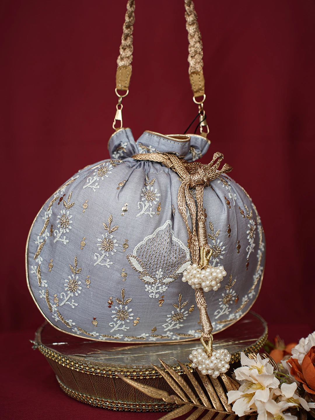Ada Hand Embroidered Grey Silk Lucknowi Chikankari Potli Bag With Muqaish Work 01A680725