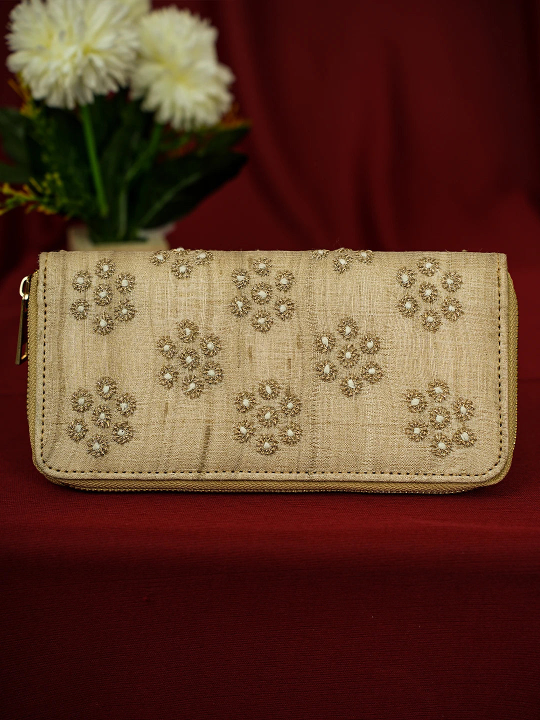 Ada Hand Embroidered Fawn Silk Lucknowi Chikankari Clutch With Zari Work 01A680755