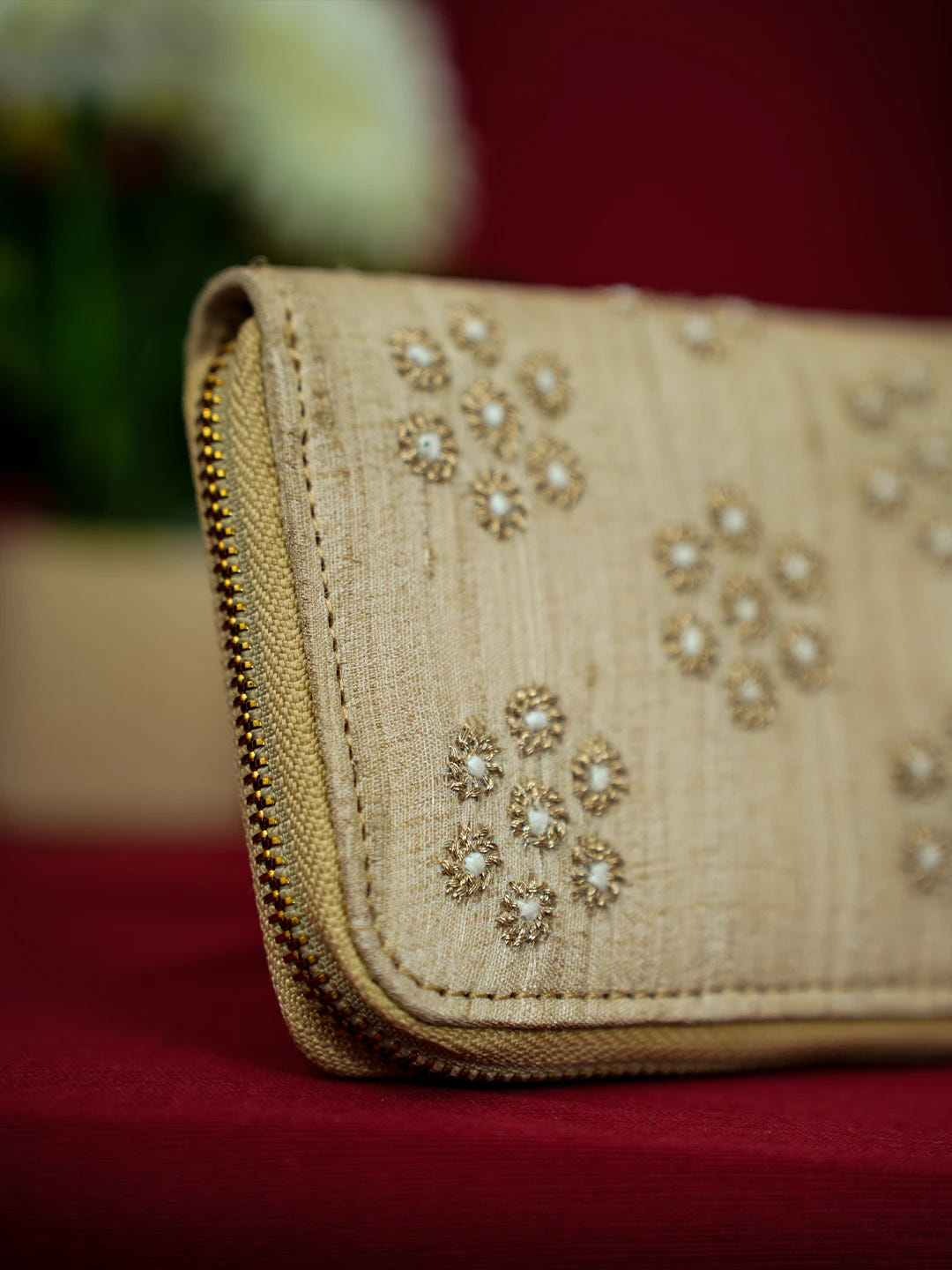 Ada Hand Embroidered Fawn Silk Lucknowi Chikankari Clutch With Zari Work 01A680755