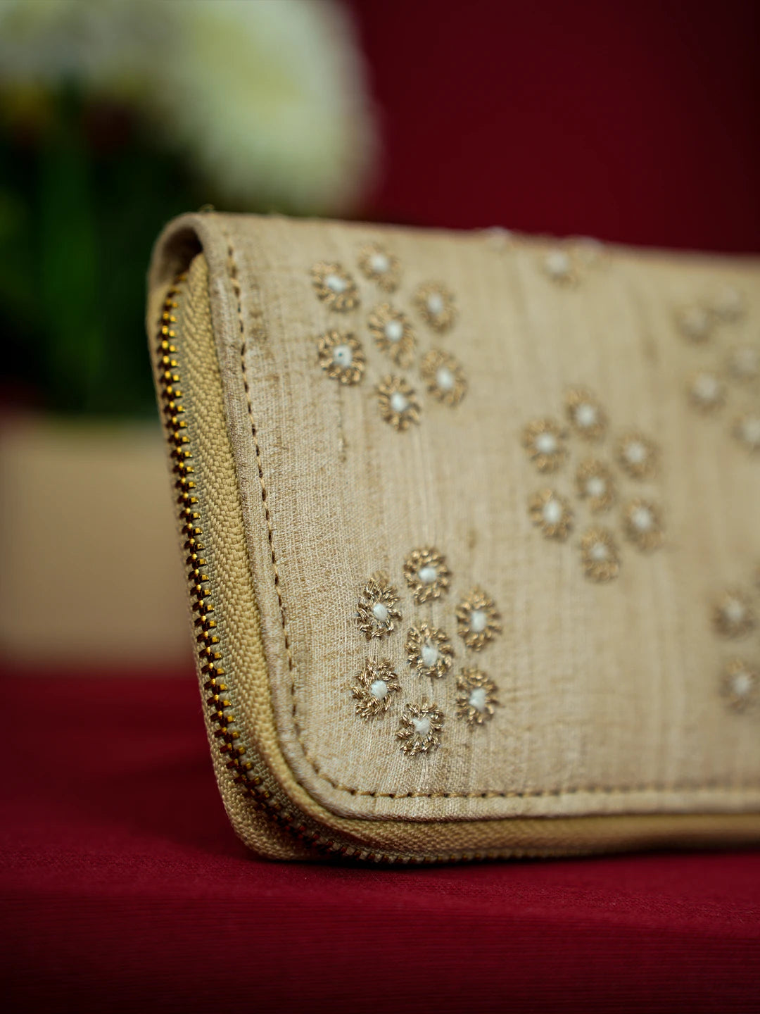 Ada Hand Embroidered Fawn Silk Lucknowi Chikankari Clutch With Zari Work 01A680755