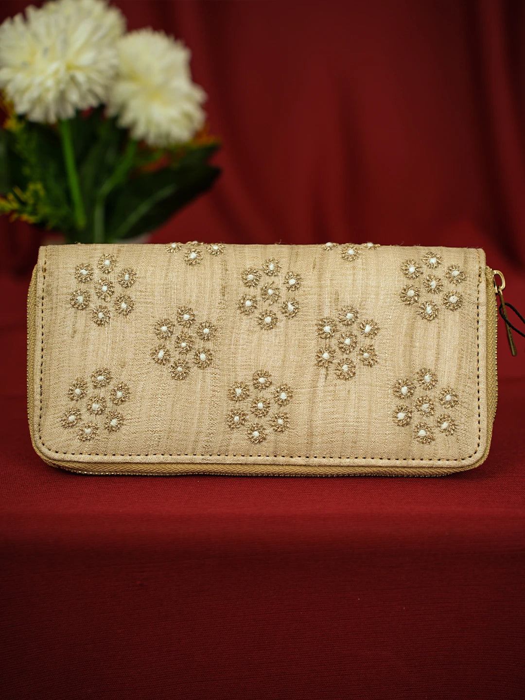 Ada Hand Embroidered Fawn Silk Lucknowi Chikankari Clutch With Zari Work 01A680755