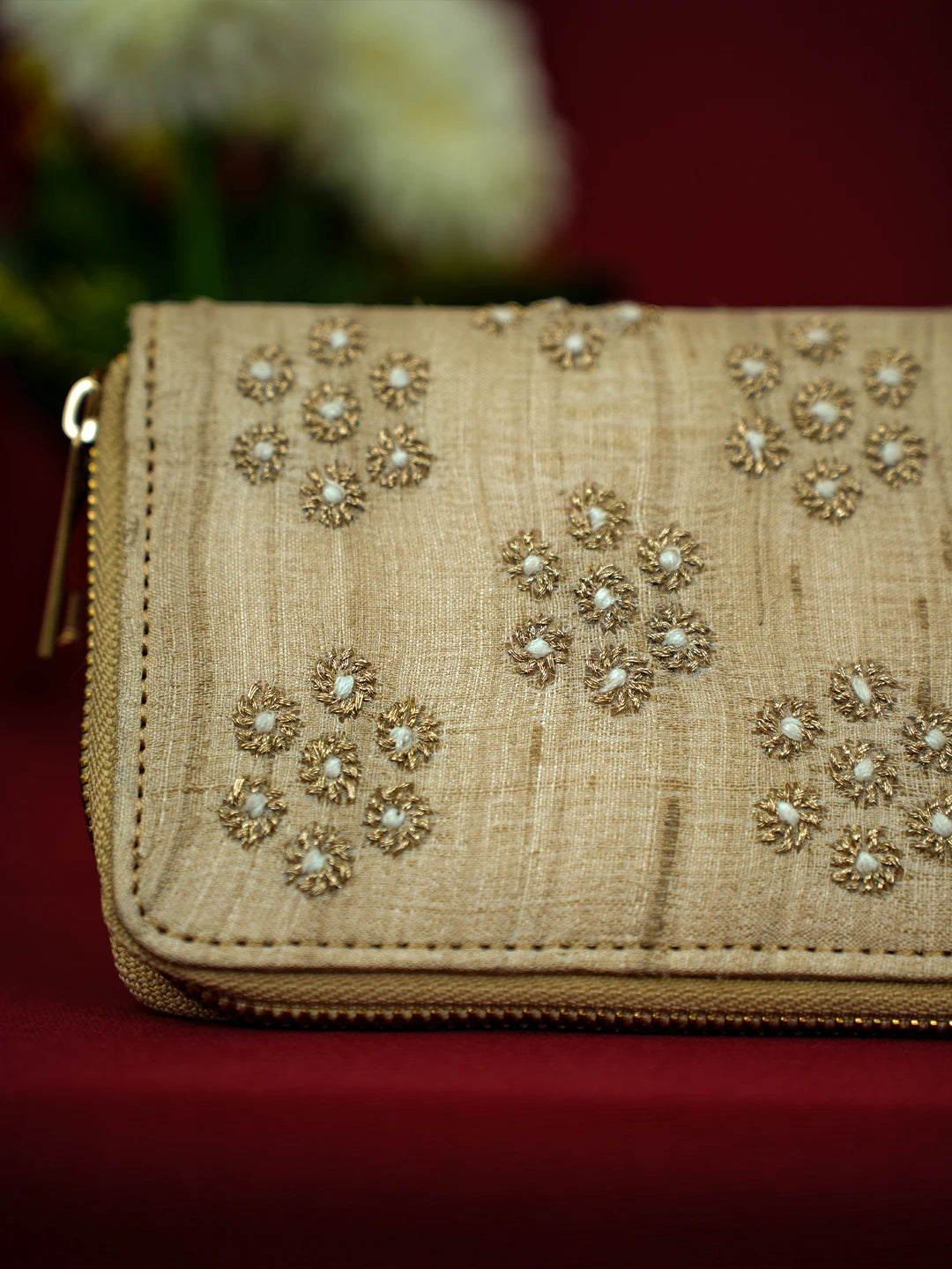 Ada Hand Embroidered Fawn Silk Lucknowi Chikankari Clutch With Zari Work 01A680755