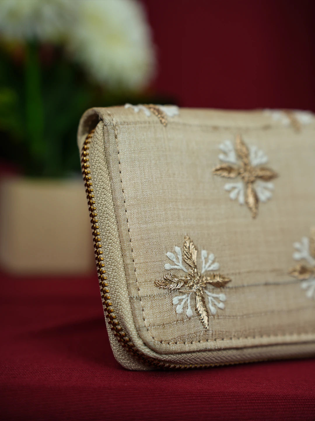 Ada Hand Embroidered Fawn Silk Lucknowi Chikankari Clutch With Zari Work 01A575753