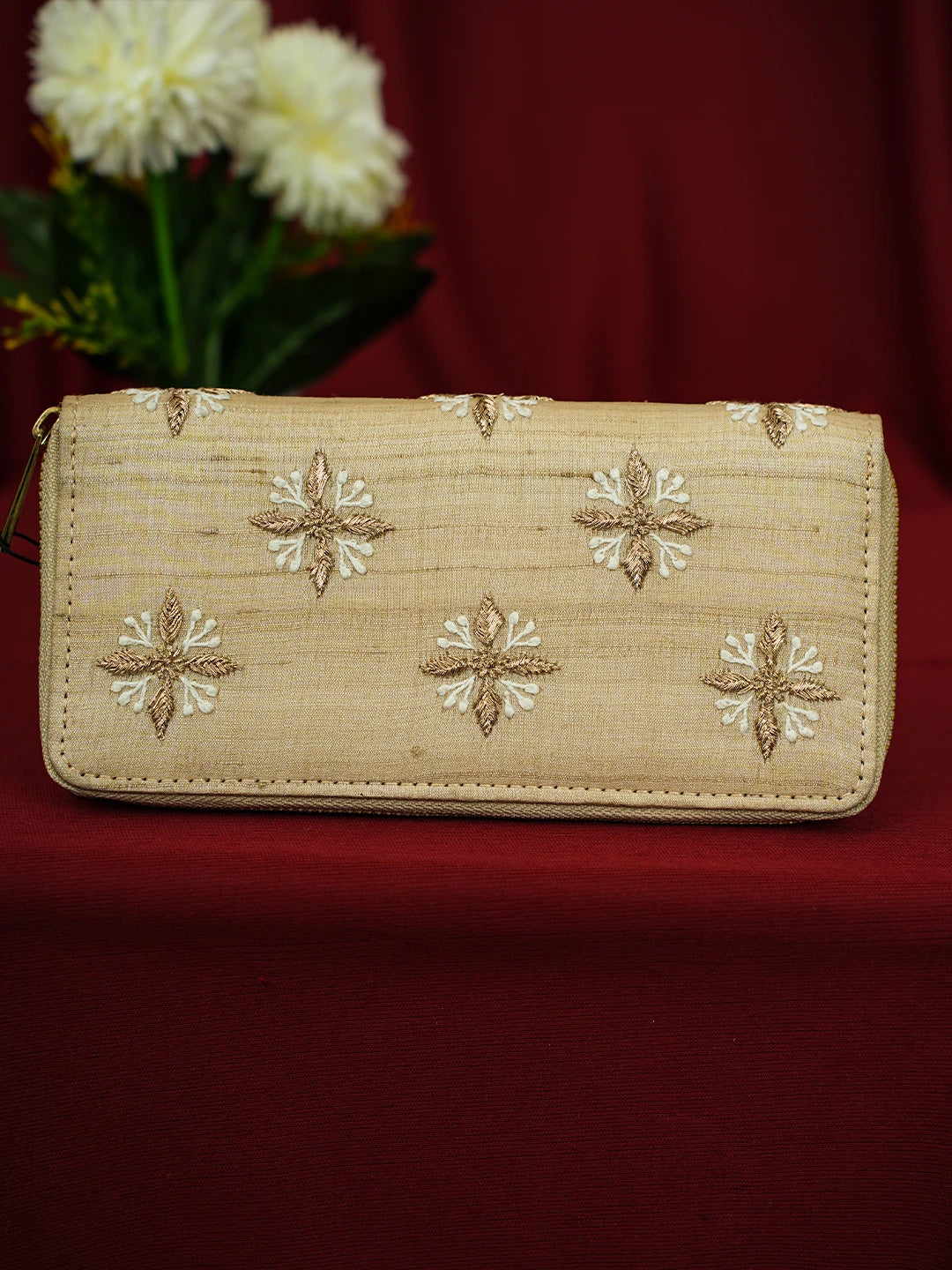 Ada Hand Embroidered Fawn Silk Lucknowi Chikankari Clutch With Zari Work 01A575753