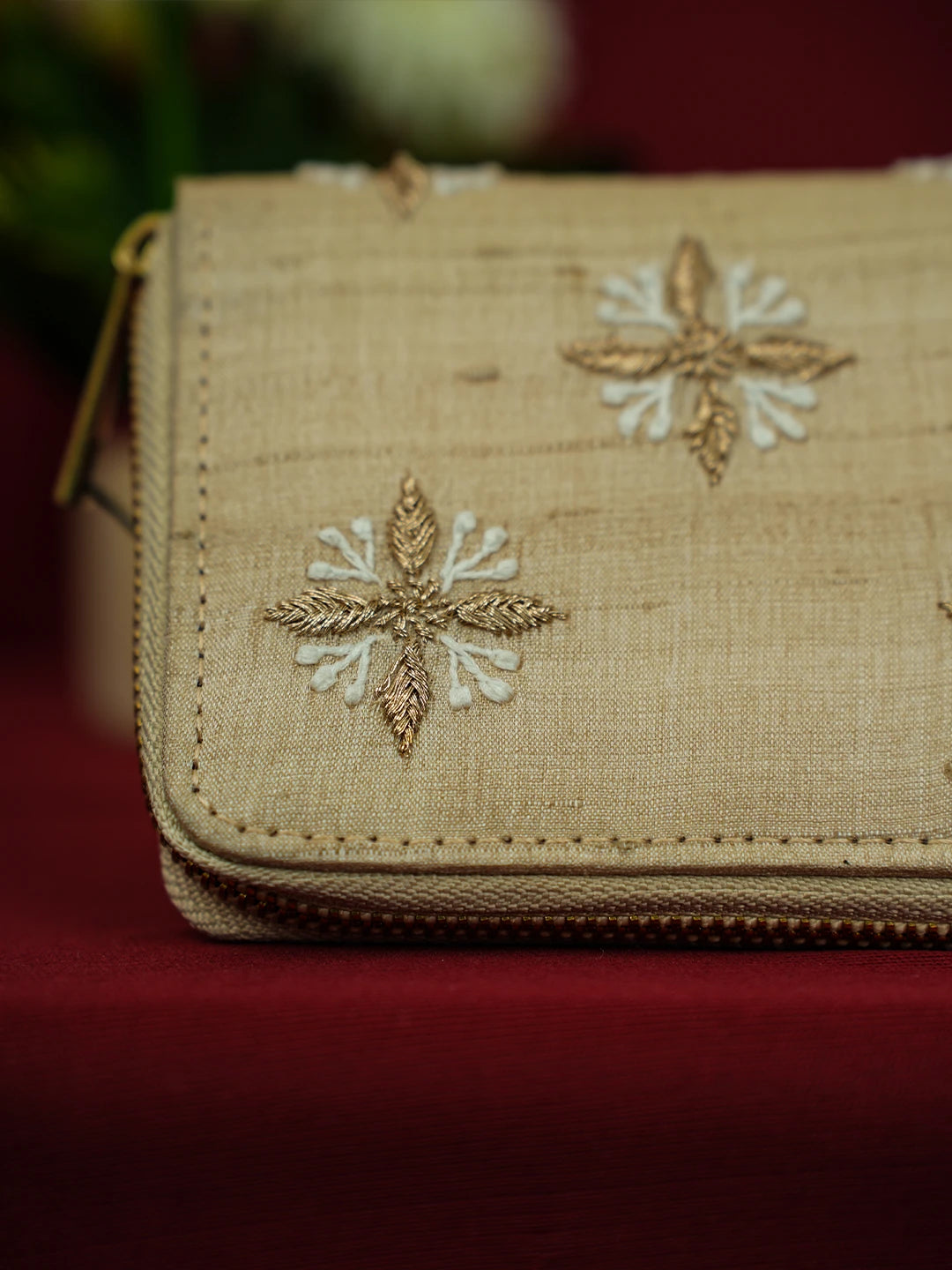 Ada Hand Embroidered Fawn Silk Lucknowi Chikankari Clutch With Zari Work 01A575753