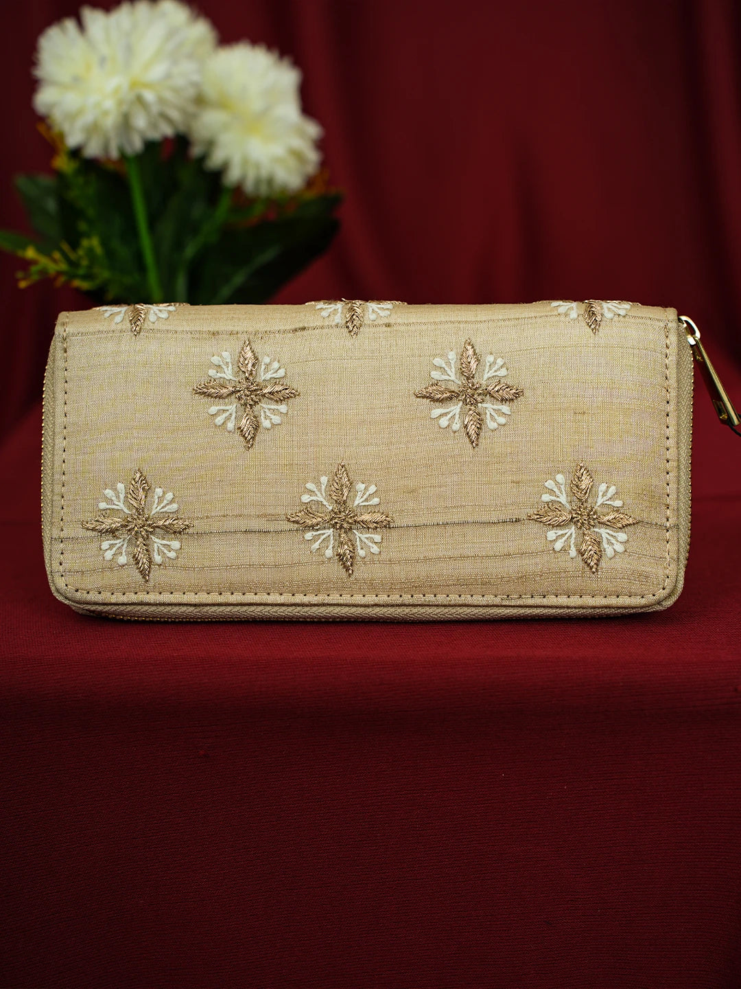 Ada Hand Embroidered Fawn Silk Lucknowi Chikankari Clutch With Zari Work 01A575753