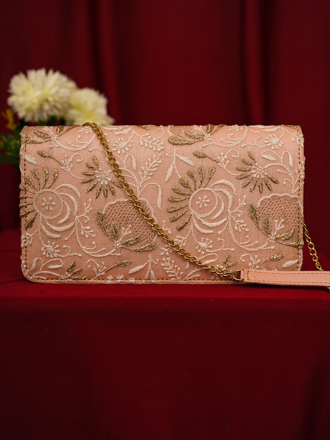 Ada Hand Embroidered Peach Silk Lucknowi Chikankari Clutch With Zari Work 01A685734