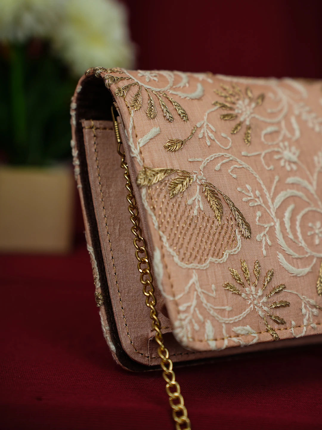 Ada Hand Embroidered Peach Silk Lucknowi Chikankari Clutch With Zari Work 01A685734