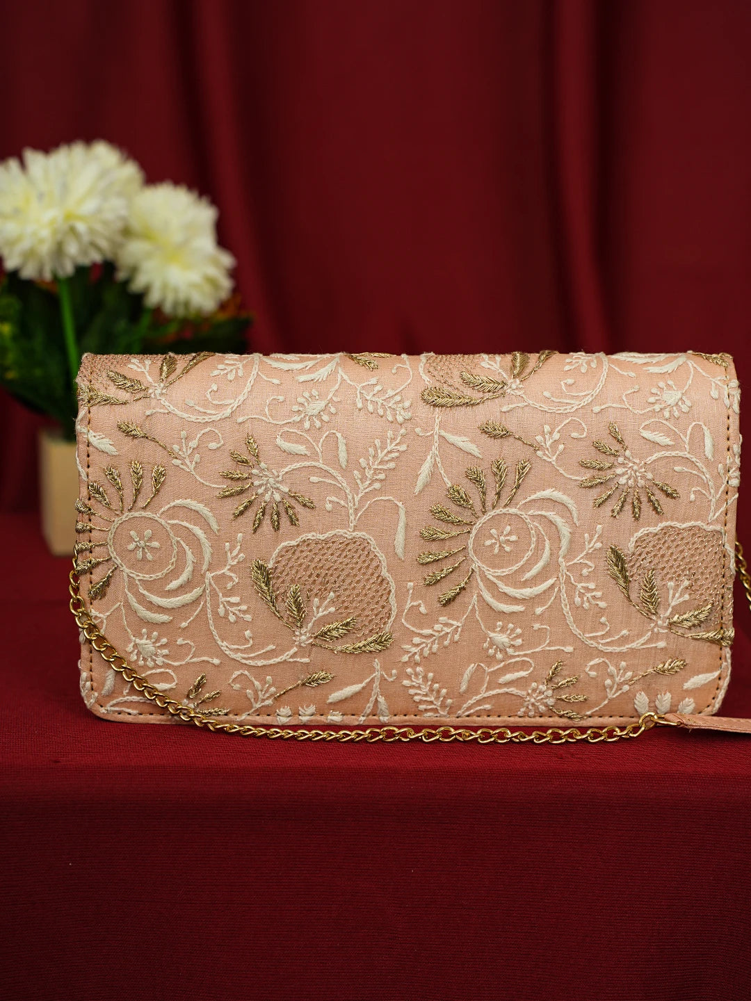 Ada Hand Embroidered Peach Silk Lucknowi Chikankari Clutch With Zari Work 01A685734