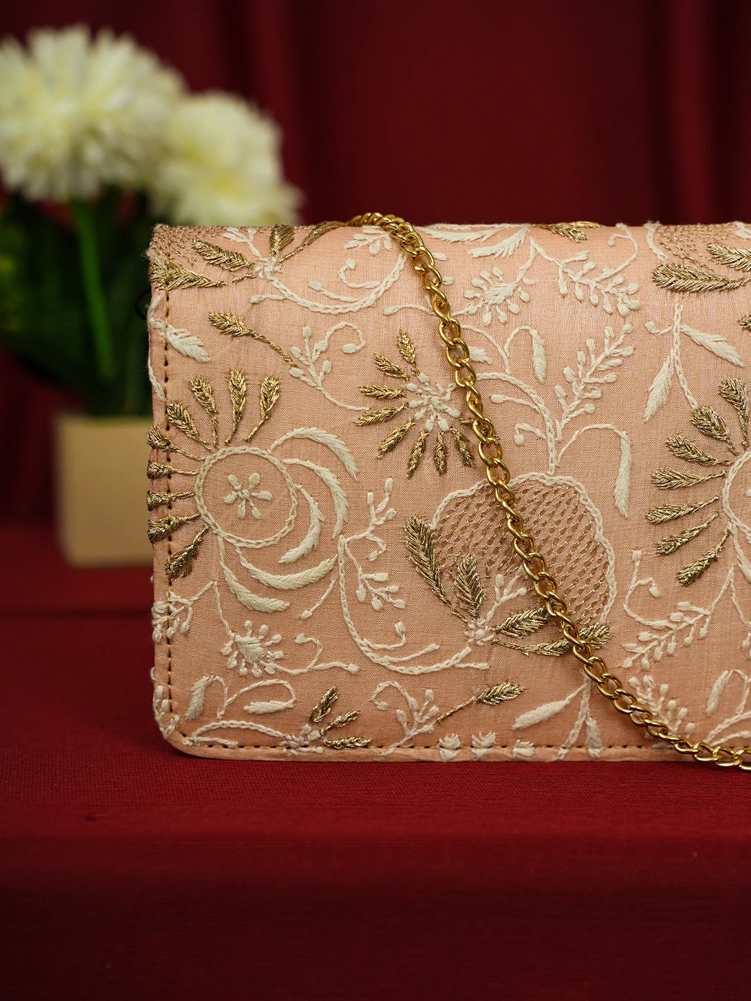 Ada Hand Embroidered Peach Silk Lucknowi Chikankari Clutch With Zari Work 01A685734