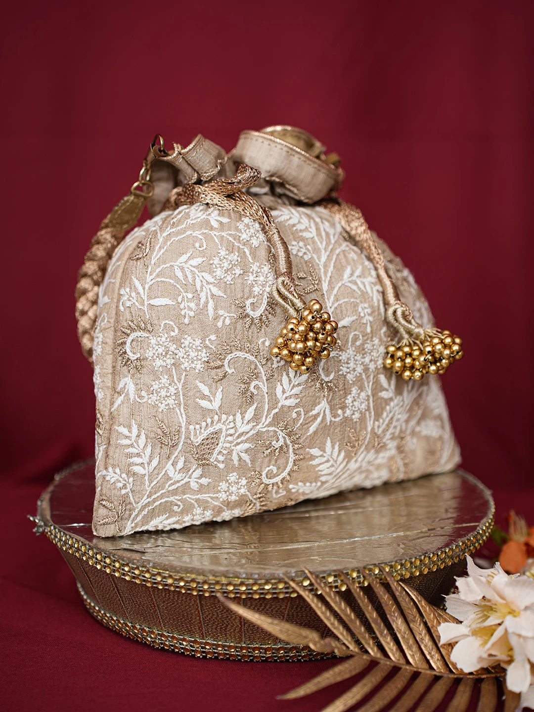 Ada Hand Embroidered Fawn Silk Lucknowi Chikankari Potli Bag With Zari Work 01A696503