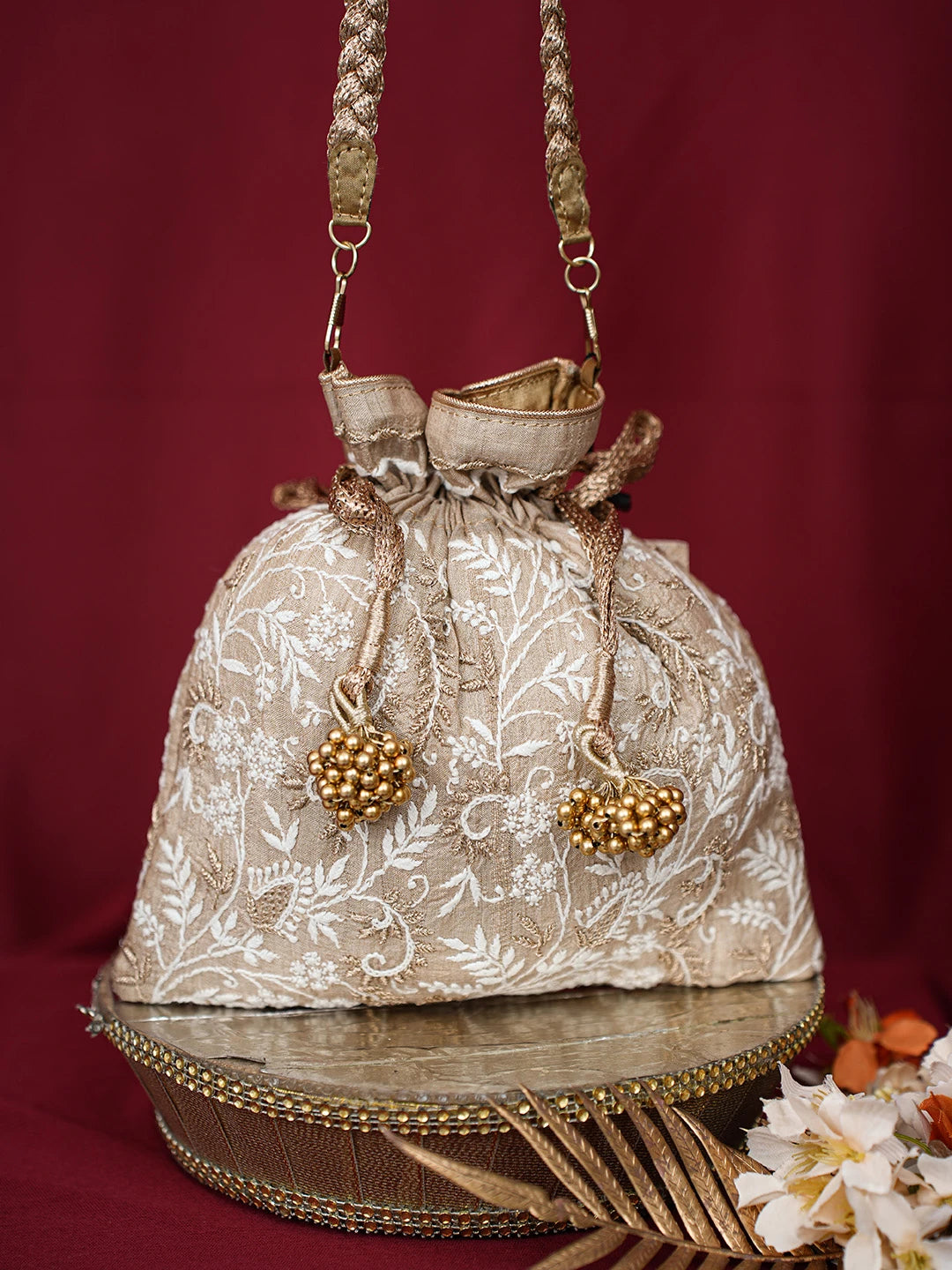 Ada Hand Embroidered Fawn Silk Lucknowi Chikankari Potli Bag With Zari Work 01A696503