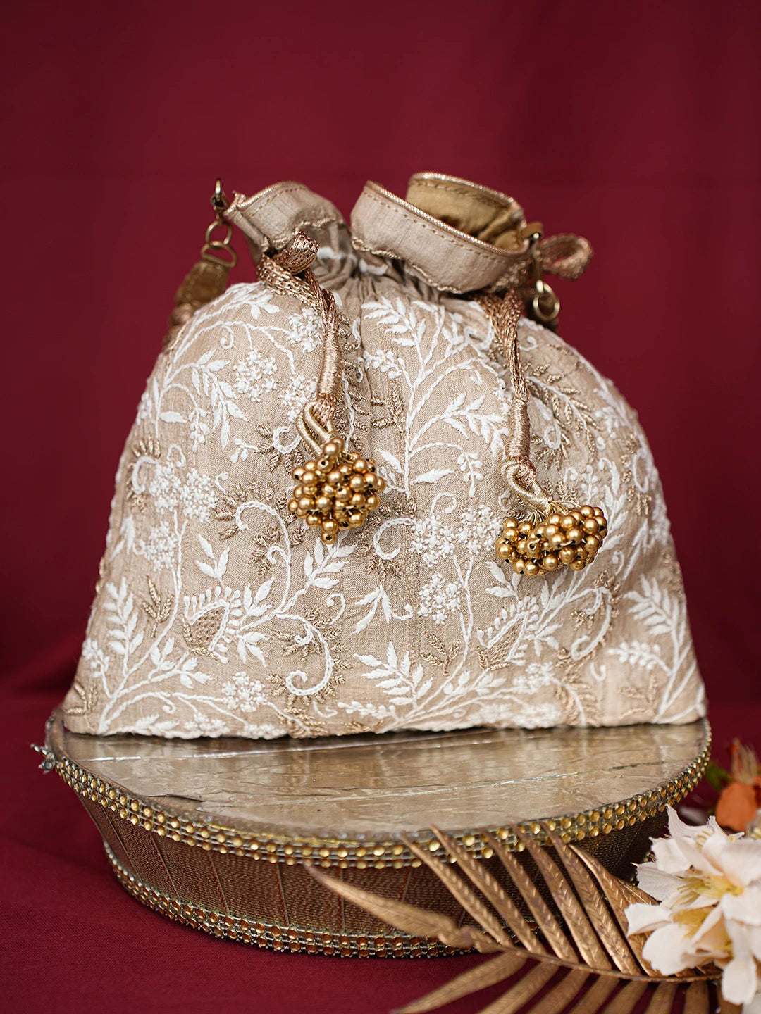 Ada Hand Embroidered Fawn Silk Lucknowi Chikankari Potli Bag With Zari Work 01A696503