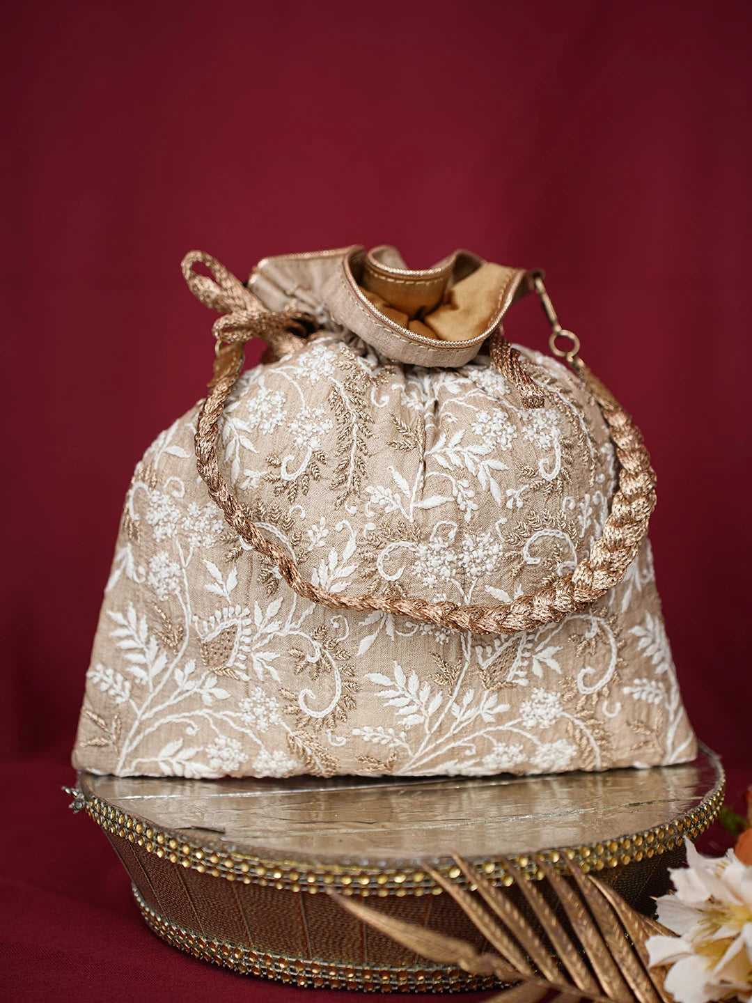 Ada Hand Embroidered Fawn Silk Lucknowi Chikankari Potli Bag With Zari Work 01A696503