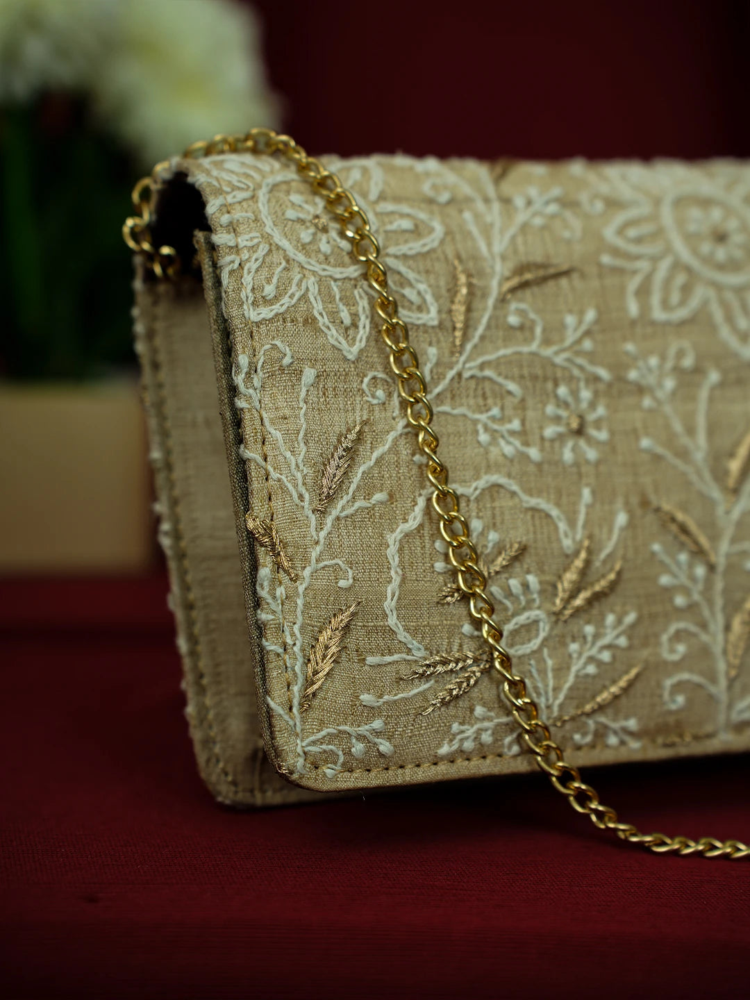Ada Hand Embroidered Fawn Silk Lucknowi Chikankari Clutch With Zari Work 01A685747