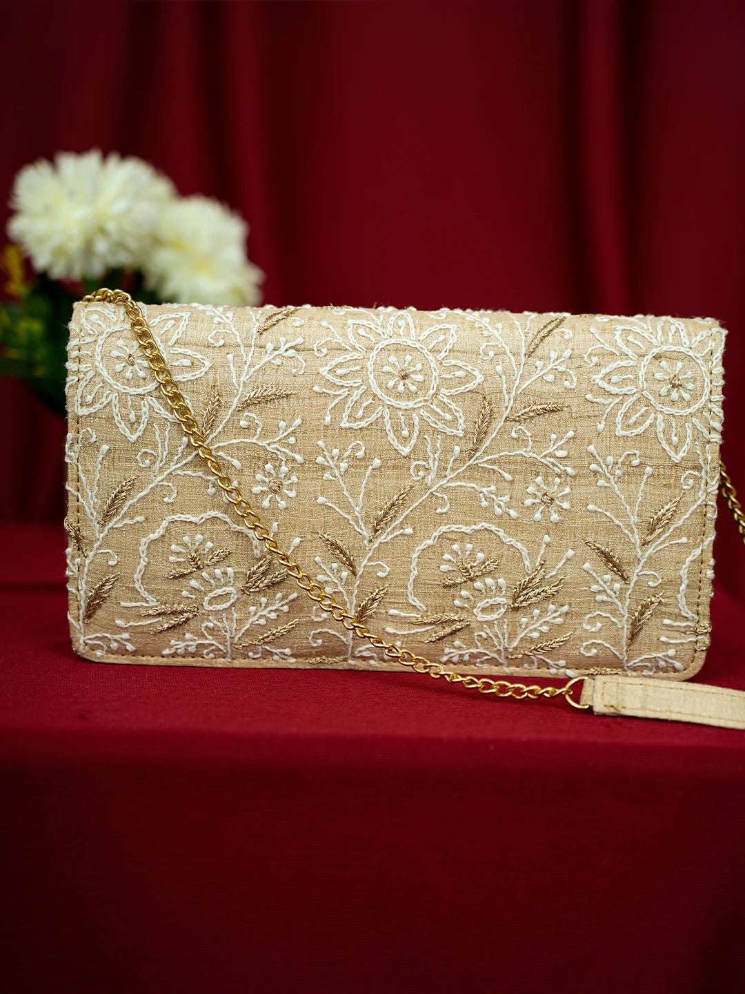 Ada Hand Embroidered Fawn Silk Lucknowi Chikankari Clutch With Zari Work 01A685747