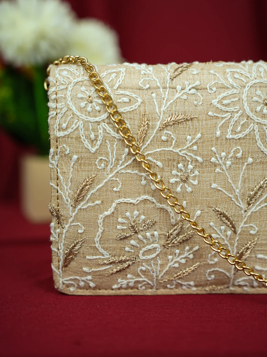 Ada Hand Embroidered Fawn Silk Lucknowi Chikankari Clutch With Zari Work 01A685747