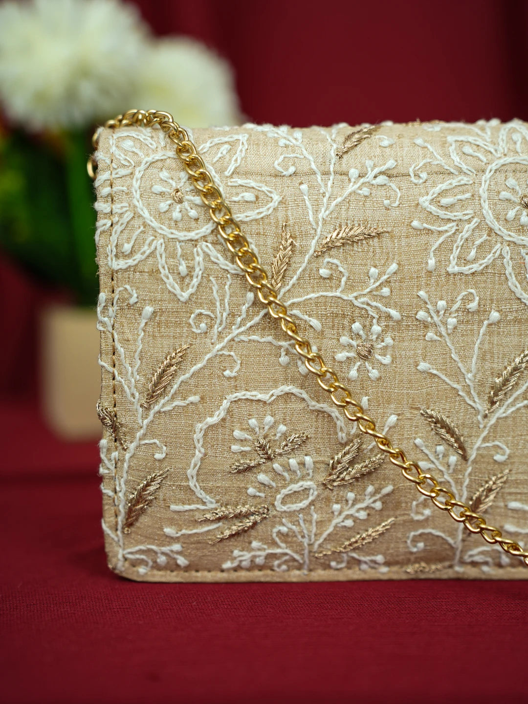 Ada Hand Embroidered Fawn Silk Lucknowi Chikankari Clutch With Zari Work 01A685747