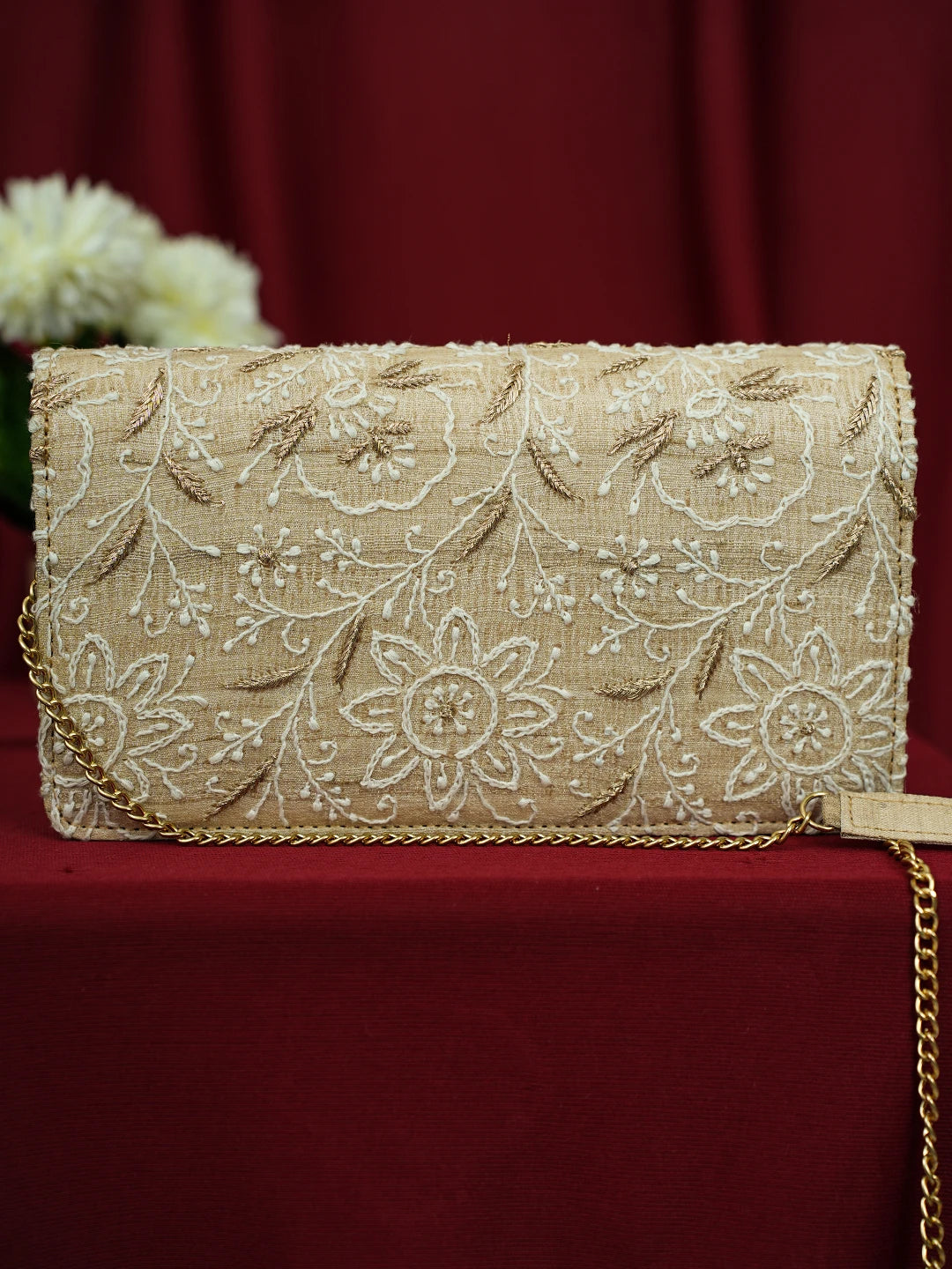 Ada Hand Embroidered Fawn Silk Lucknowi Chikankari Clutch With Zari Work 01A685747