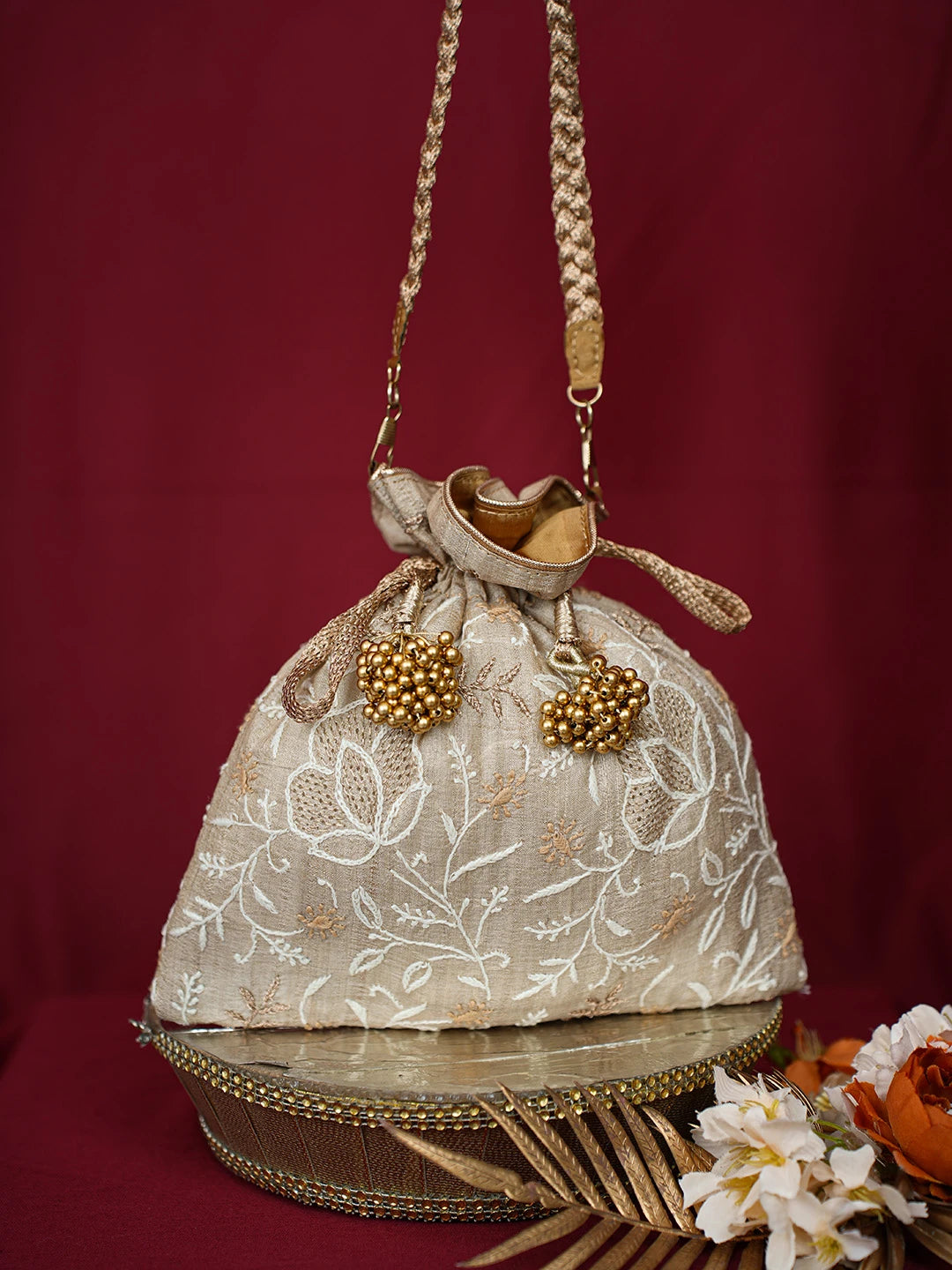 Ada Hand Embroidered Fawn Silk Lucknowi Chikankari Potli Bag With Zari Work 01A701204