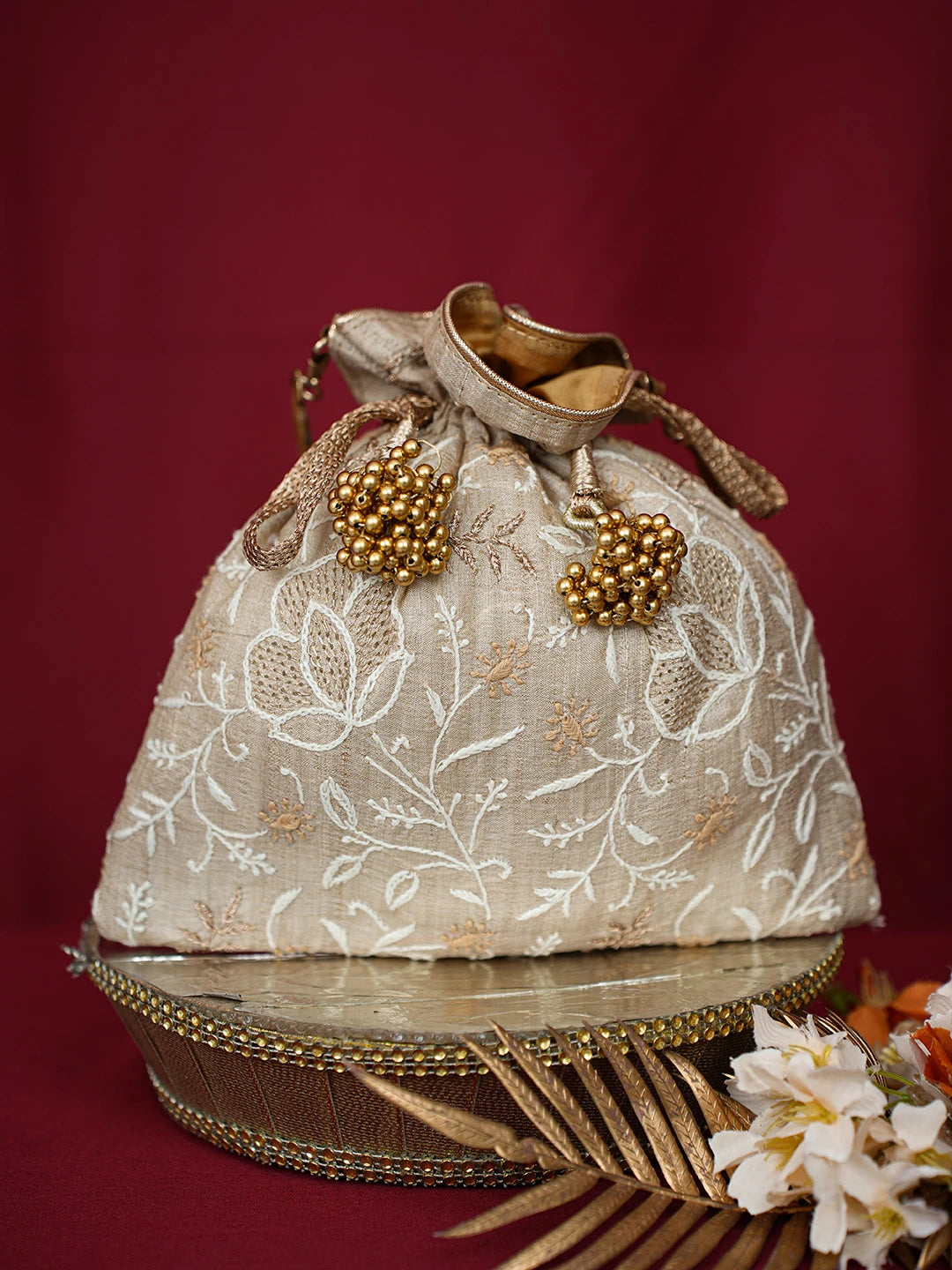 Ada Hand Embroidered Fawn Silk Lucknowi Chikankari Potli Bag With Zari Work 01A701204