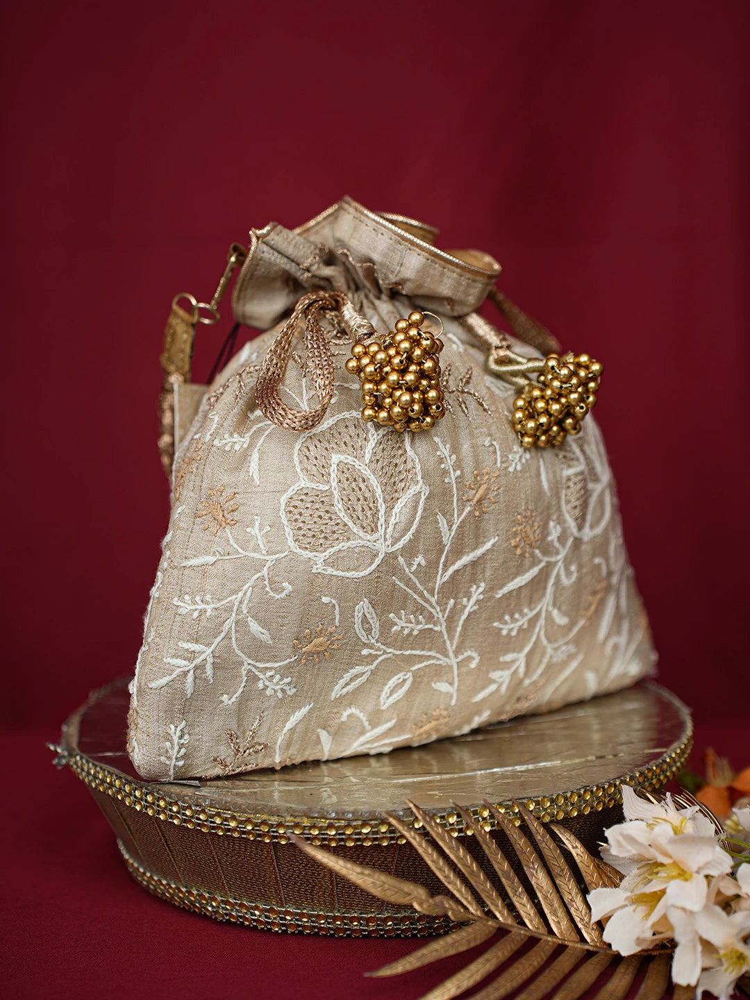 Ada Hand Embroidered Fawn Silk Lucknowi Chikankari Potli Bag With Zari Work 01A701204