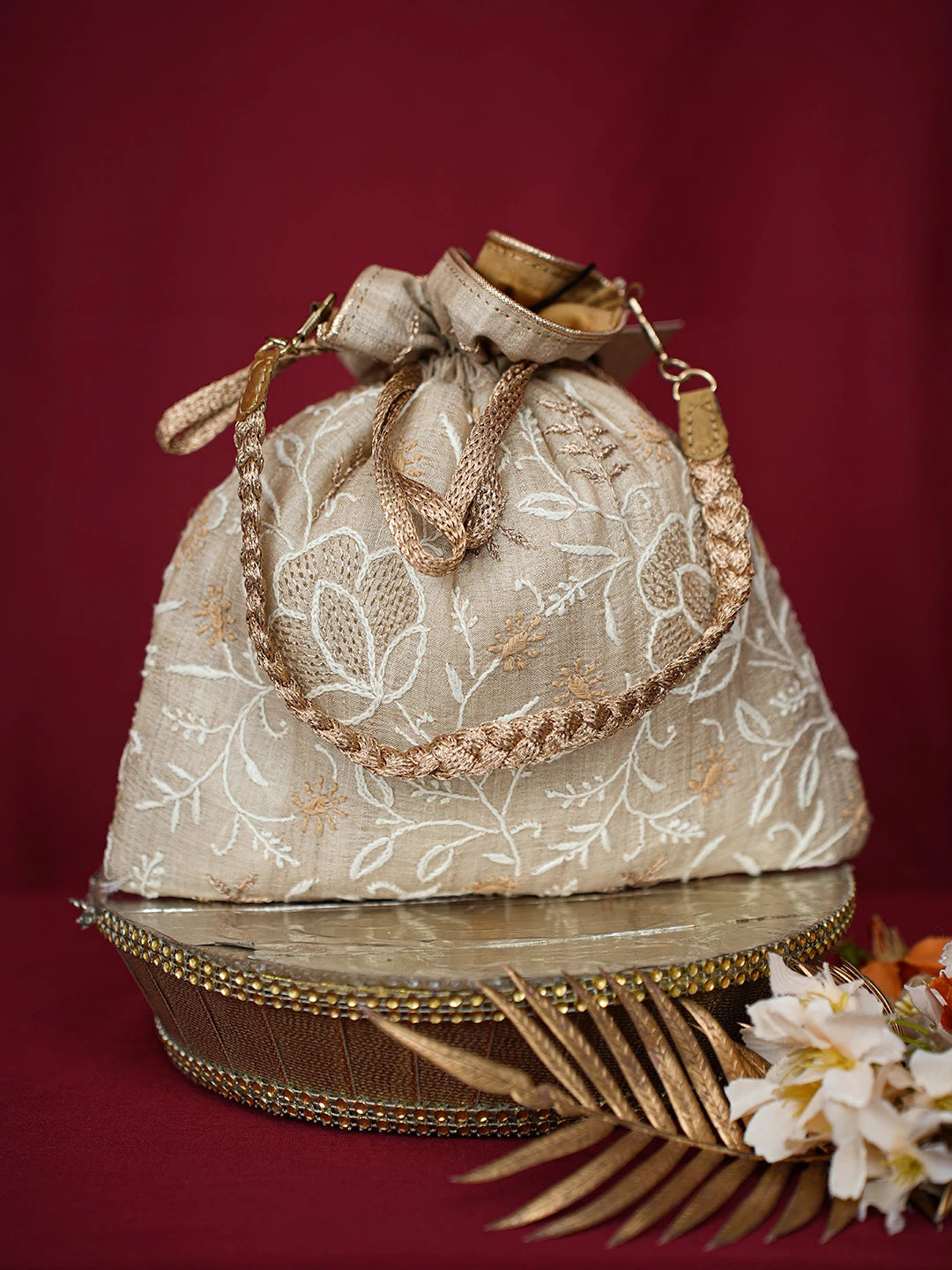 Ada Hand Embroidered Fawn Silk Lucknowi Chikankari Potli Bag With Zari Work 01A701204