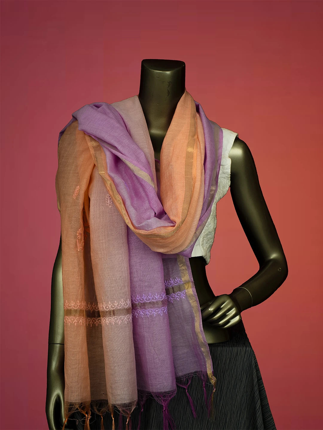 Ada Hand Embroidered Ombre shade of Mauve & Peach Chanderi Dupatta 01A681140