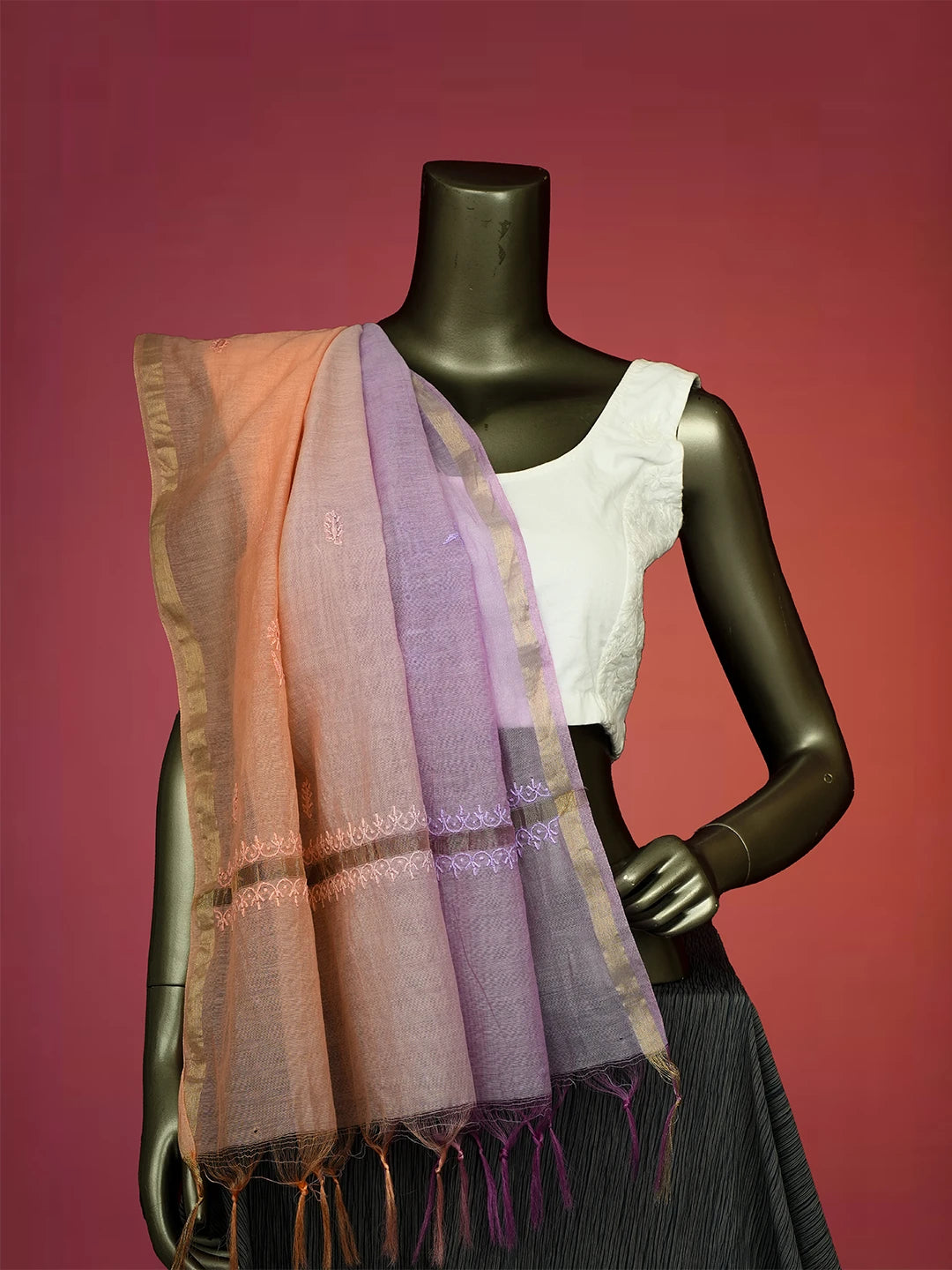 Ada Hand Embroidered Ombre shade of Mauve & Peach Chanderi Dupatta 01A681140