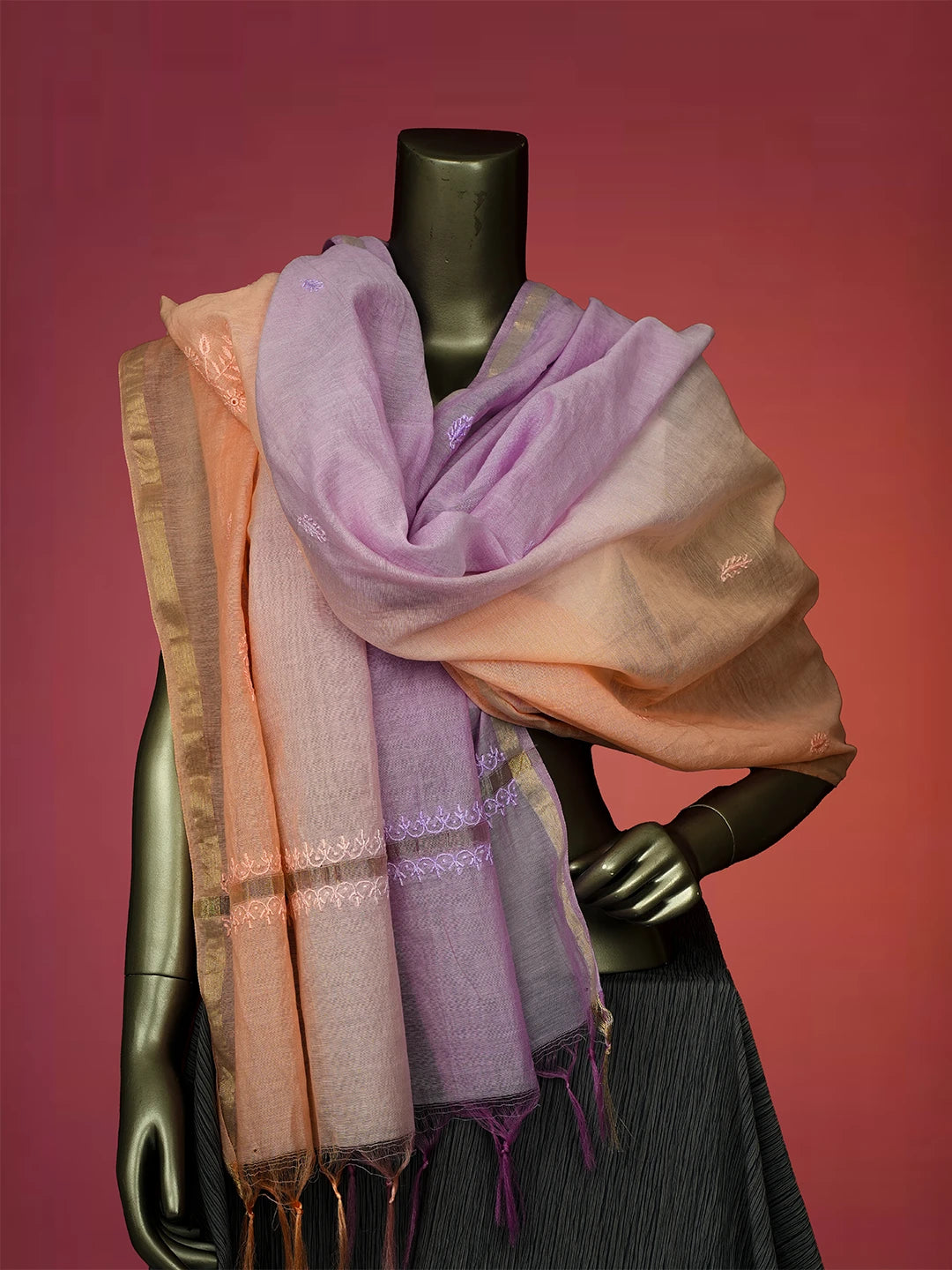 Ada Hand Embroidered Ombre shade of Mauve & Peach Chanderi Dupatta 01A681140
