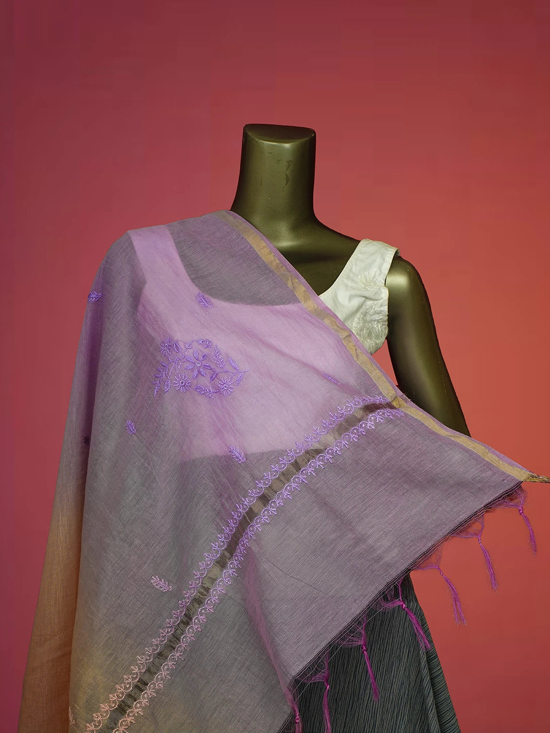 Ada Hand Embroidered Ombre shade of Mauve & Peach Chanderi Dupatta 01A681140