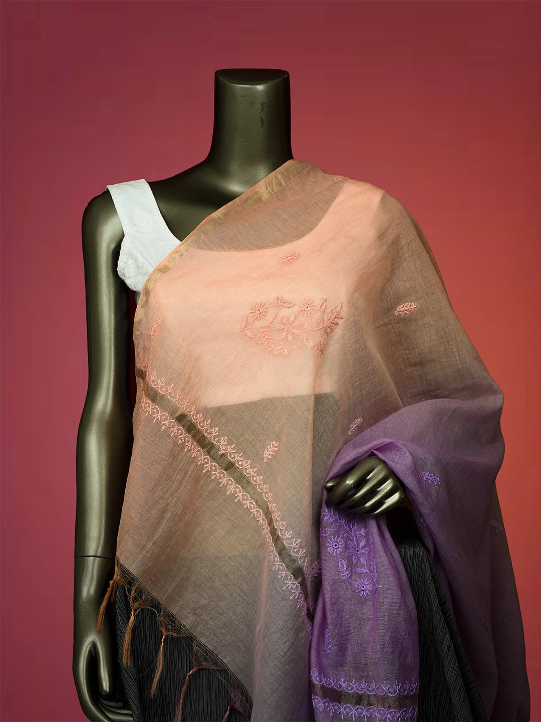 Ada Hand Embroidered Ombre shade of Mauve & Peach Chanderi Dupatta 01A681140
