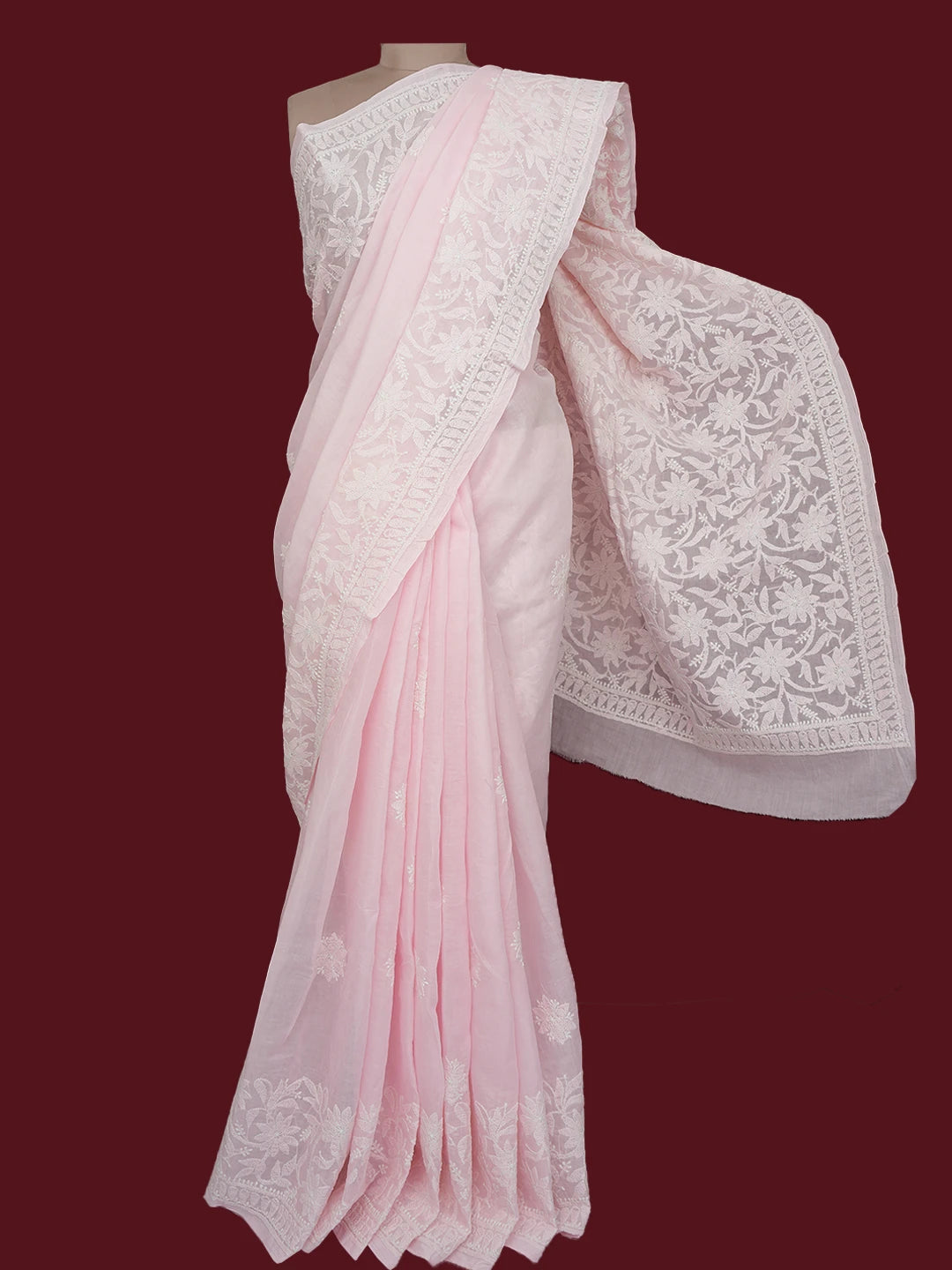 Ada Hand Embroidered Pink Cotton Lucknowi Chikankari Saree and Blouse 01A713082