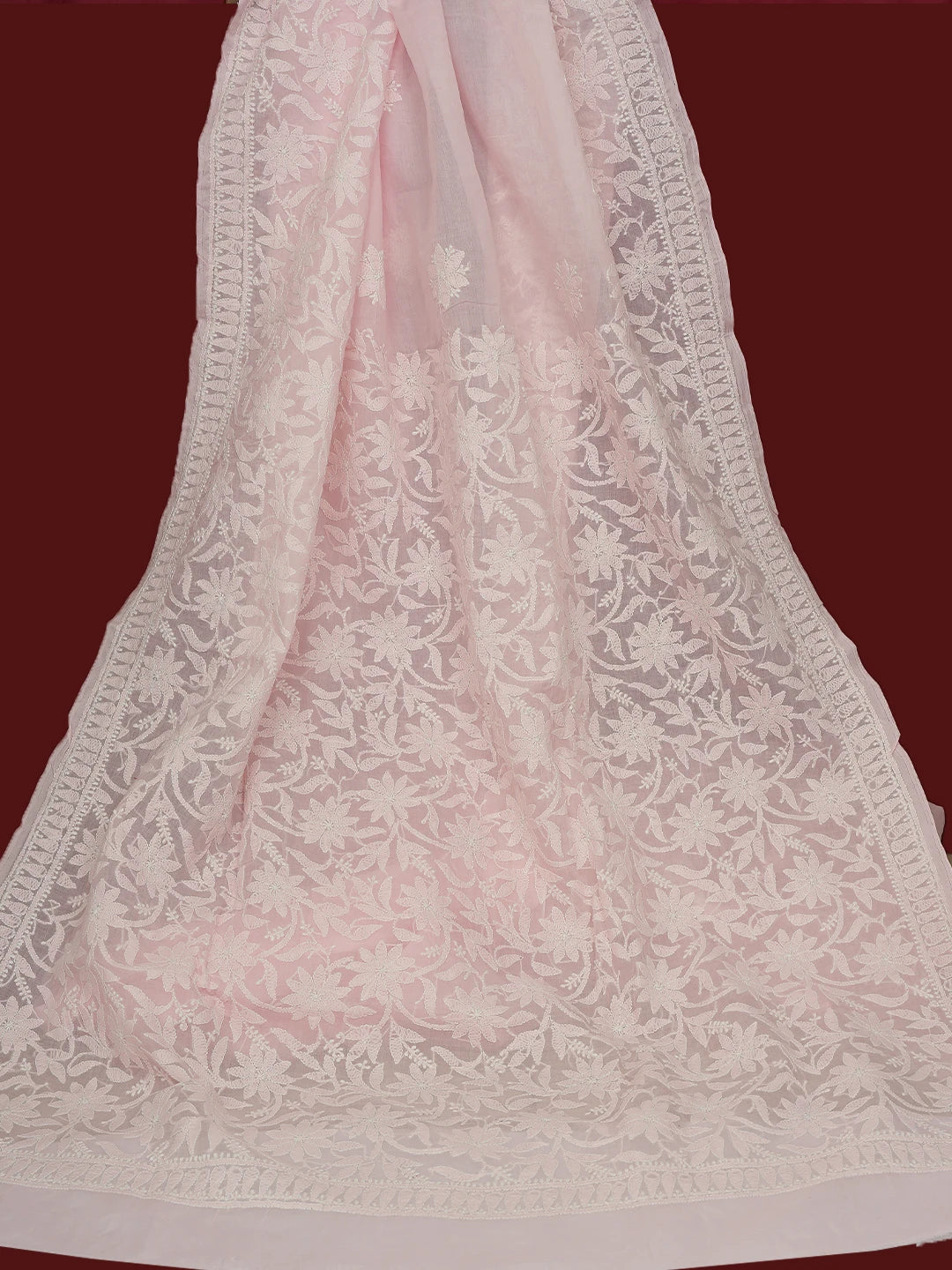Ada Hand Embroidered Pink Cotton Lucknowi Chikankari Saree and Blouse 01A713082