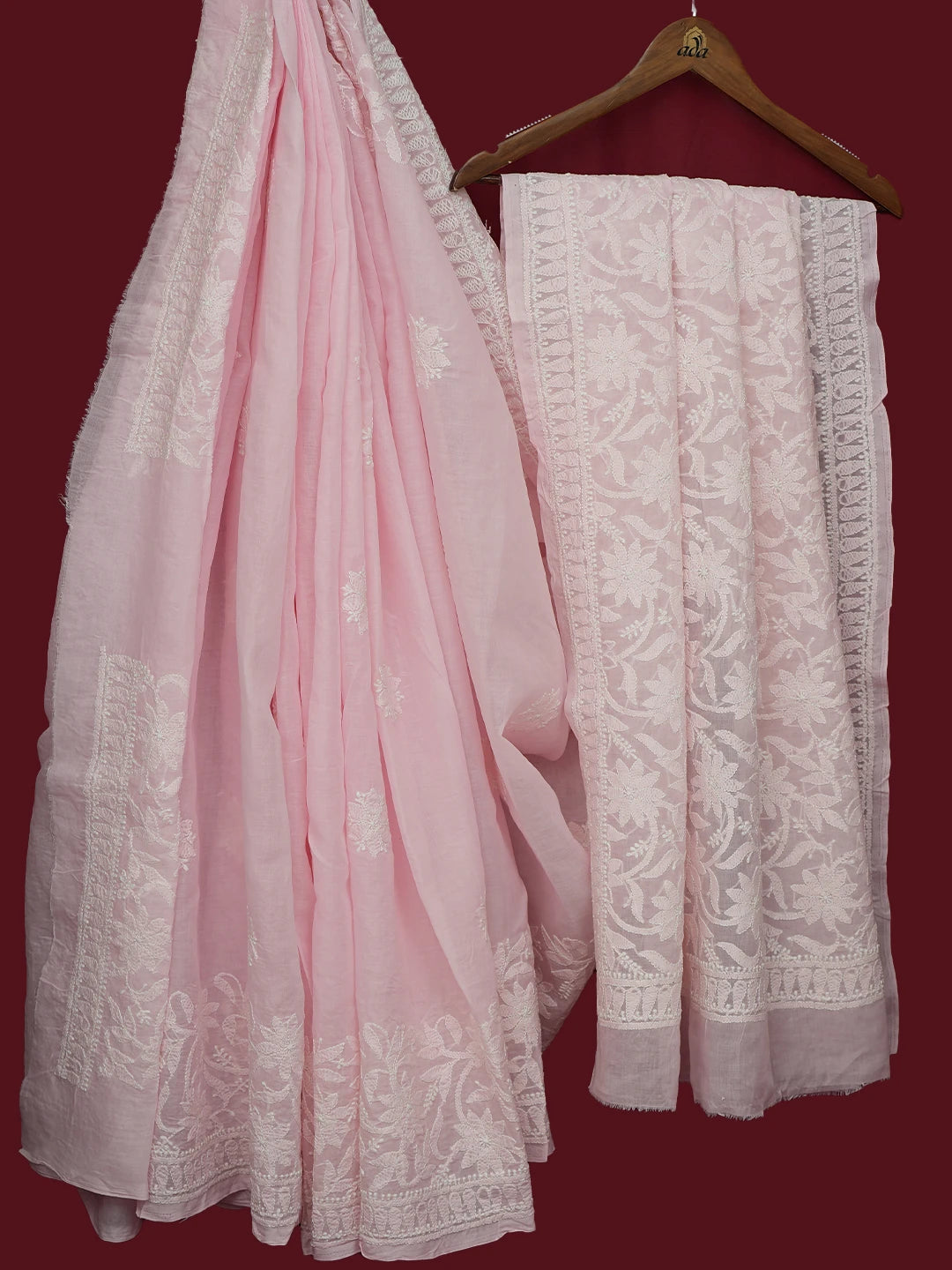 Ada Hand Embroidered Pink Cotton Lucknowi Chikankari Saree and Blouse 01A713082