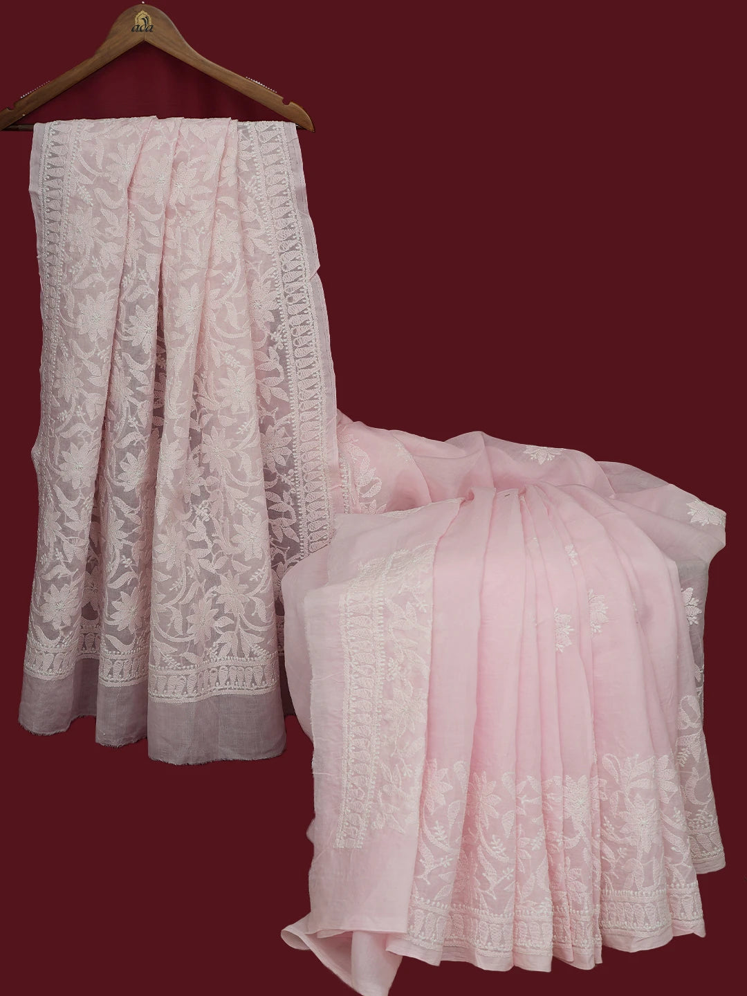Ada Hand Embroidered Pink Cotton Lucknowi Chikankari Saree and Blouse 01A713082