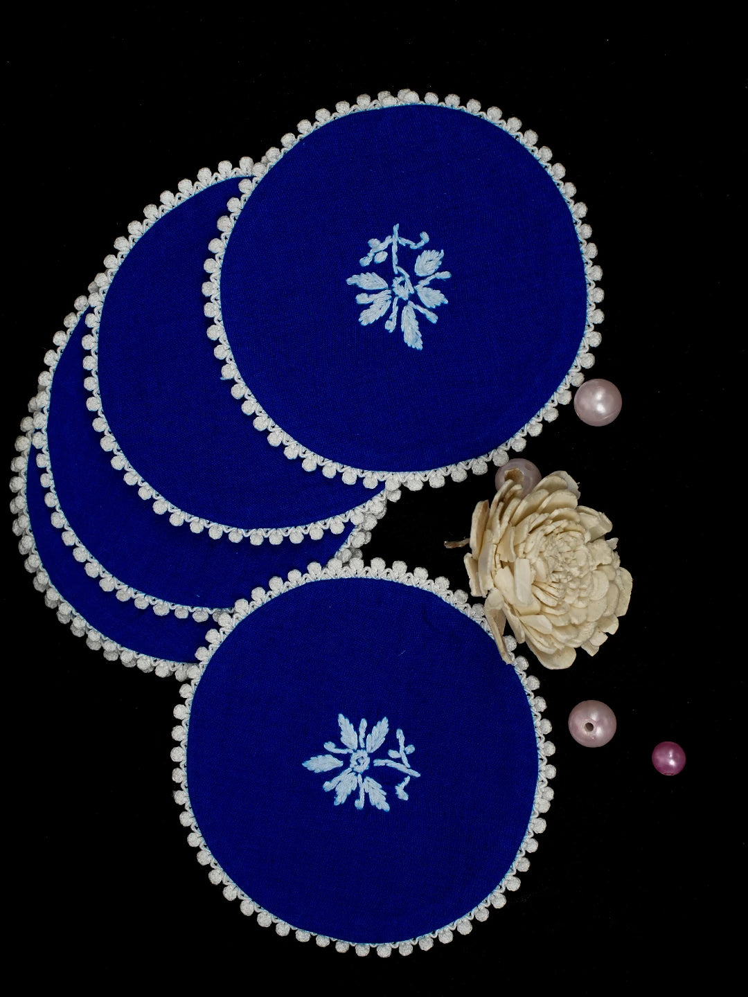 Ada Hand Embroidered Blue Cotton Lucknowi Chikankari Coaster Set 01A712294
